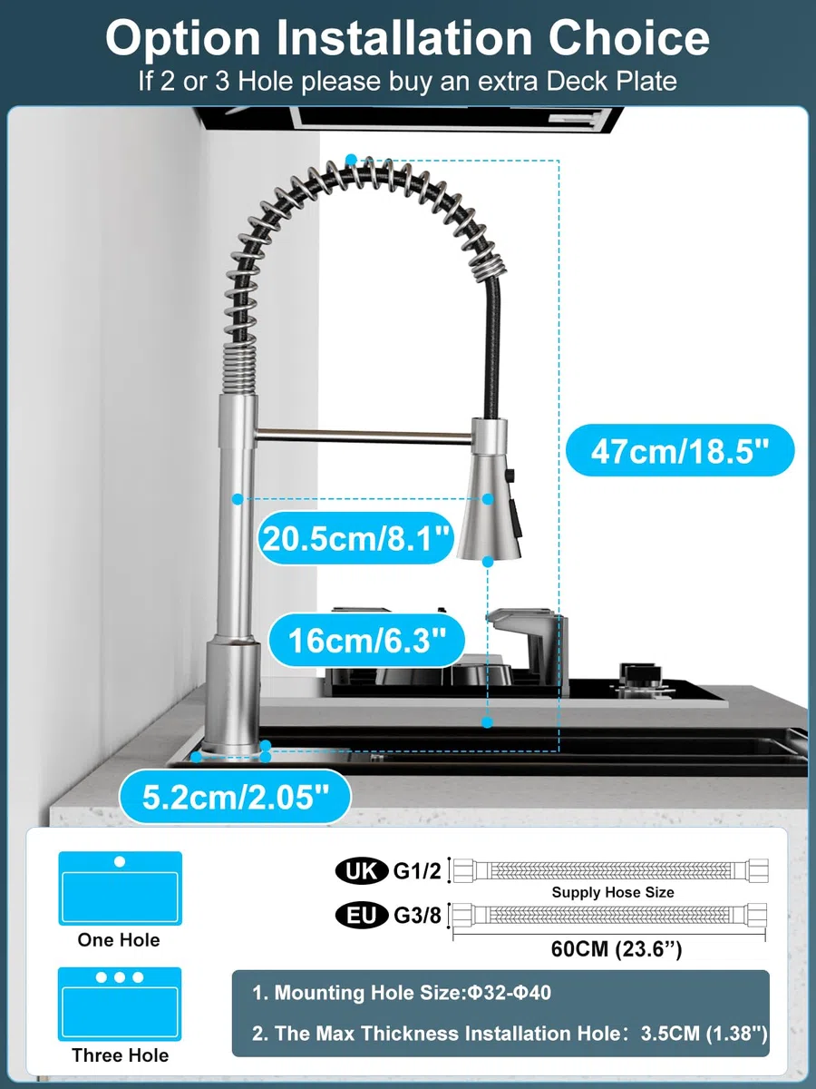 Grifo de Cocina con Ducha Extraíble – Grifo Fregadero de Acero Inoxidable 304, Cabezal de 3 Funciones, Alta Presión, Monomando en Níquel Cepillado