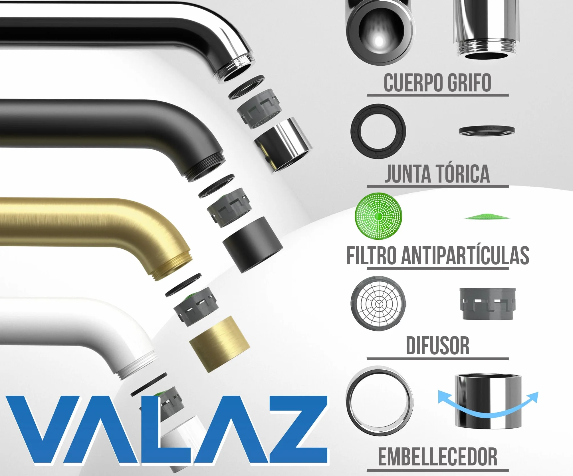 VALAZ Grifos Cocina Fregadero Dorado Cepillado Alta Presión Caño en C | Grifo Monomando, Ahorro de Agua | Instalación Fácil y Rápida | Latón, Elegante, Acero Inoxidable, Serie Zancara