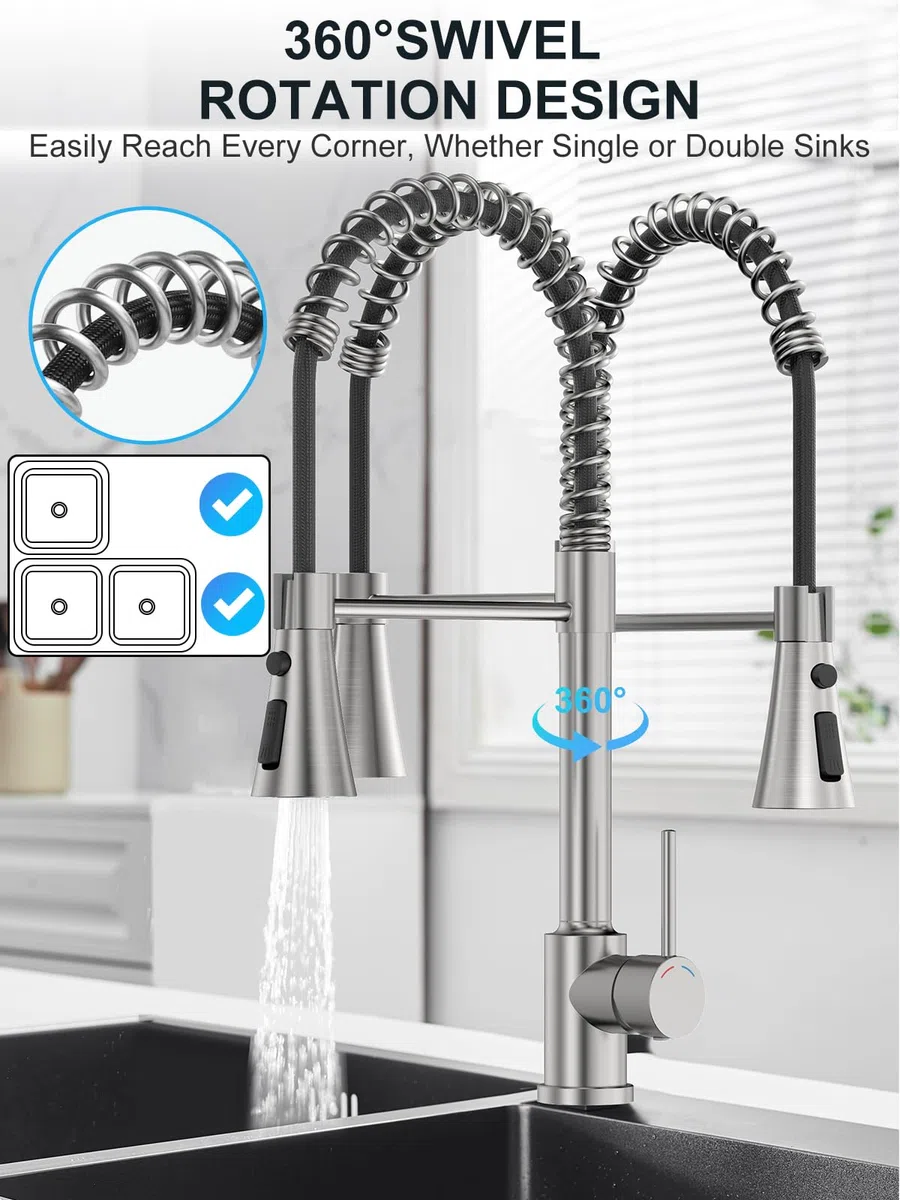 Grifo de Cocina con Ducha Extraíble – Grifo Fregadero de Acero Inoxidable 304, Cabezal de 3 Funciones, Alta Presión, Monomando en Níquel Cepillado