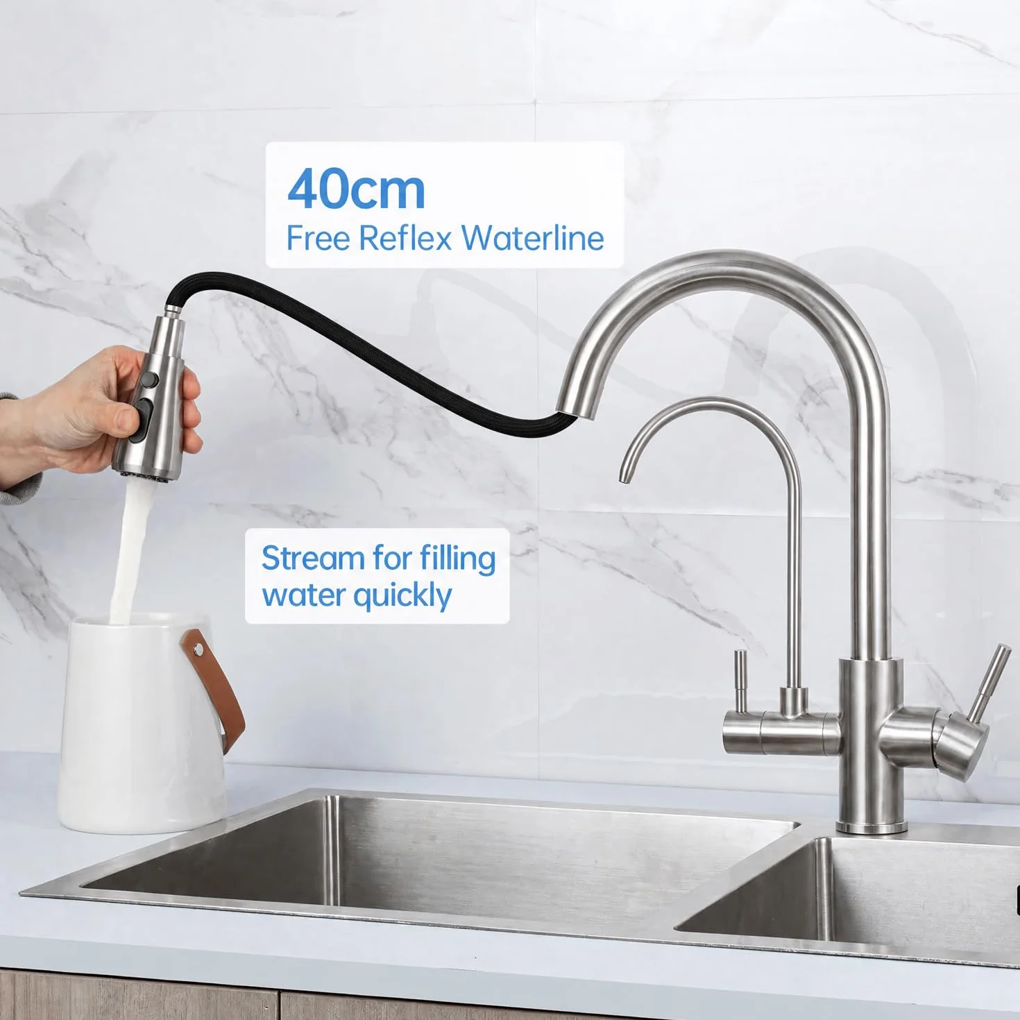 Grifo Osmosis 3 Vias, Grifo Fregadero Cocina con Alcachofa Extraíble, Giratorio 360°, Dos Asas & Filtro, Acero Inoxidable
