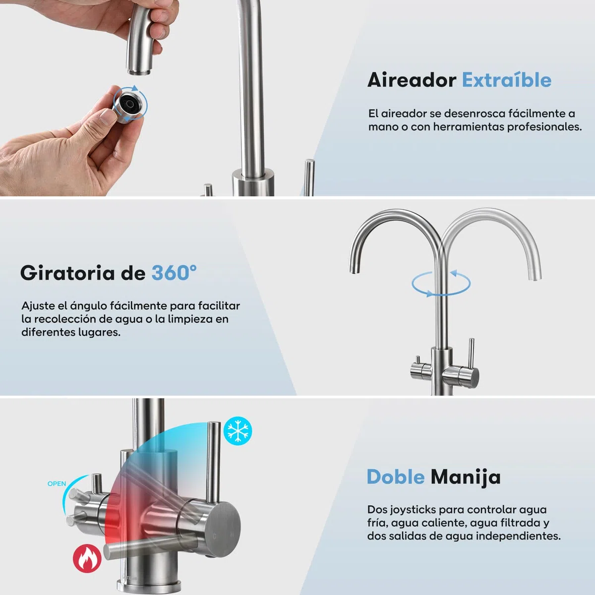 Grifo para Fregadero de Cocina de 3 Vías, DETBOM Mezclador para Sistemas de Ósmosis Inversa, 3 en 1 con Doble Palanca para Agua Potable, Grifo Giratorio a 360°, Acero Inoxidable, Plata Cepillada