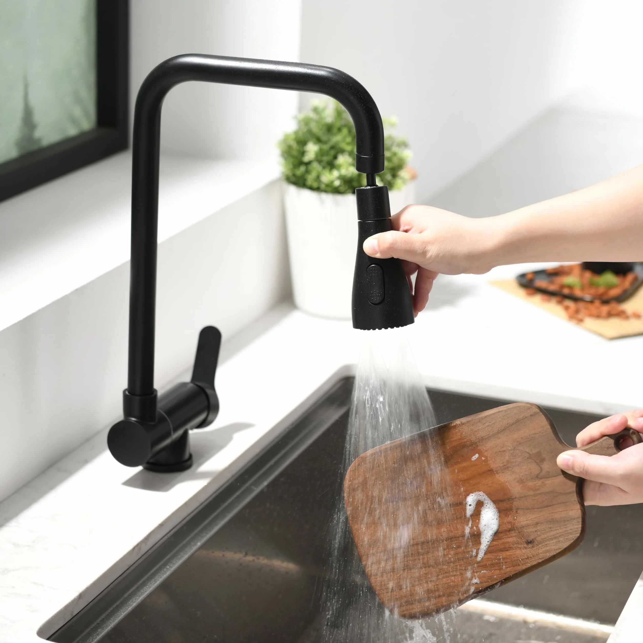 Grifo Cocina Abatible 3 Modos Descarga Agua, Grifo Fregadero Plegable Monomando Acero Inoxidable 304 Negro