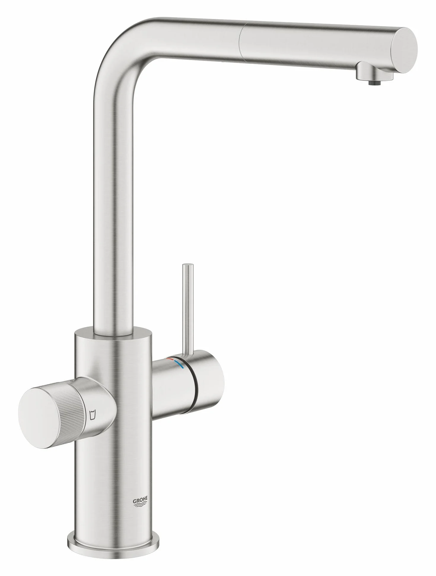 GROHE Blue Pure Minta Grifo 3 vías caño extraíble L giro 360° mando filtrado cartucho cerámico 28 mm latiguillos 3/8" Supersteel 30590DC0