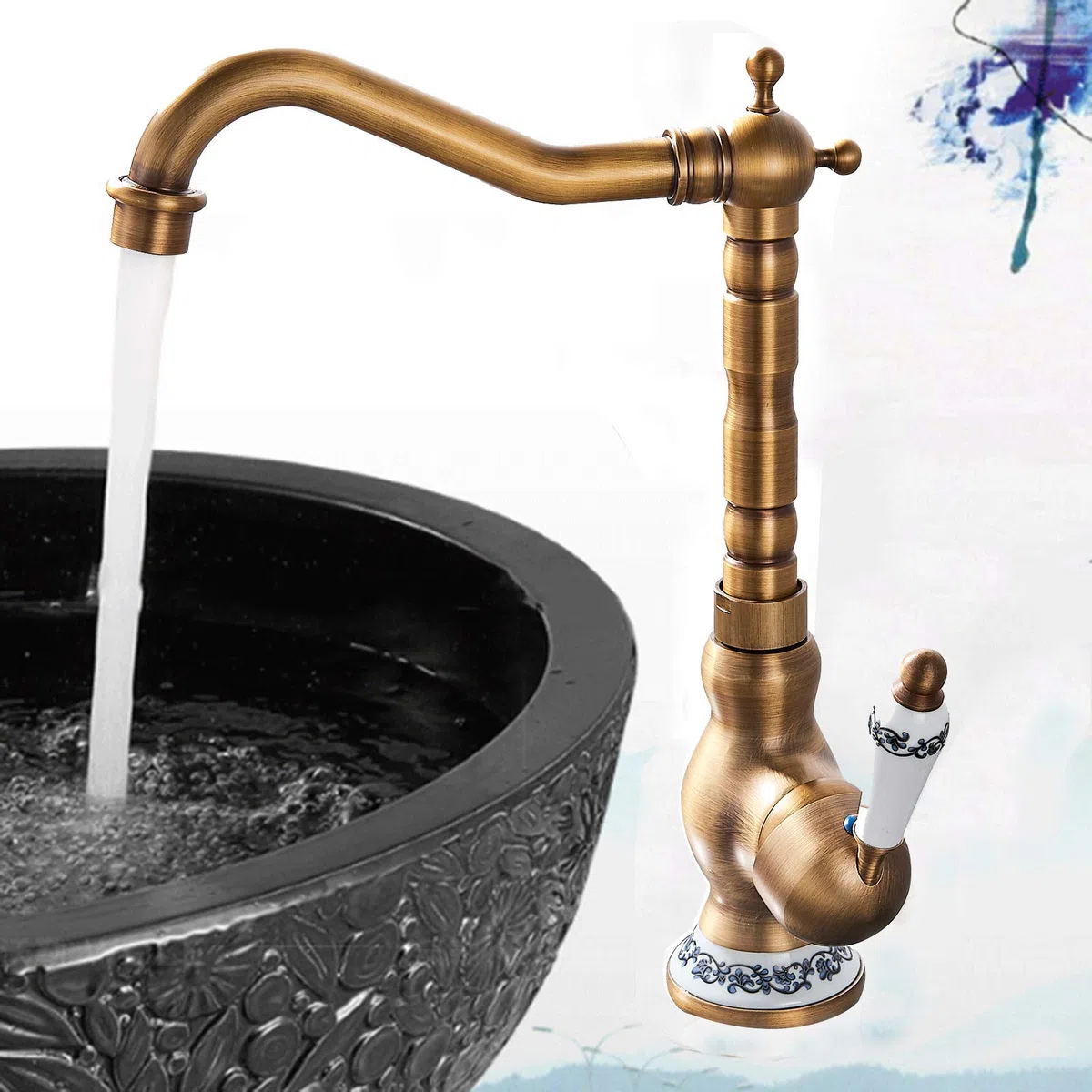 Grifo de Latón Antiguo con caño Giratorio de Cascada para Fregadero, Lavabo, de Cerámica Blanca Manejan Americano De Solo Agujero De Mezclador