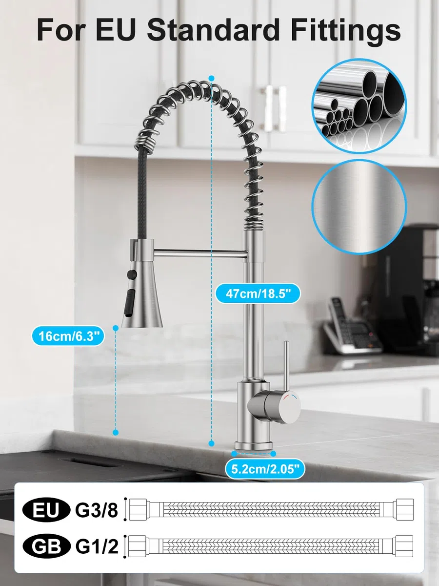 Grifo de Cocina con Ducha Extraíble – Grifo Fregadero de Acero Inoxidable 304, Cabezal de 3 Funciones, Alta Presión, Monomando en Níquel Cepillado