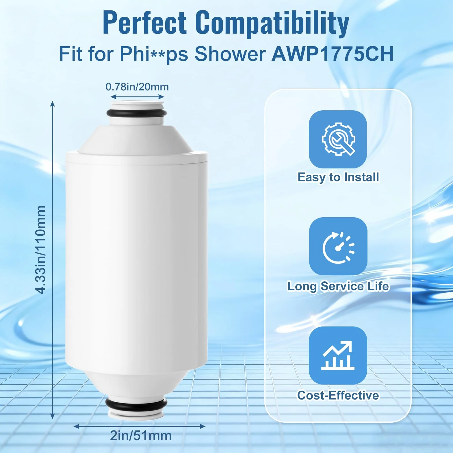 El cartucho de filtro de repuesto AWP175 compatible con la ducha Philips AWP1775CH elimina el cloro y las impurezas, con capacidad de filtrado (paquete de 3)