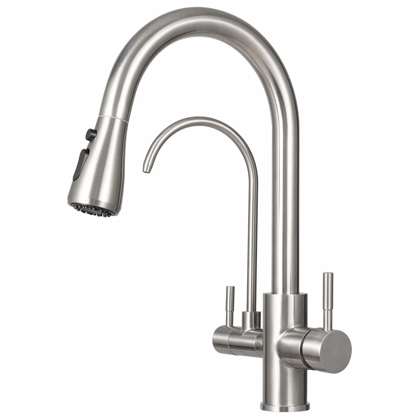 Grifo Osmosis 3 Vias, Grifo Fregadero Cocina con Alcachofa Extraíble, Giratorio 360°, Dos Asas & Filtro, Acero Inoxidable