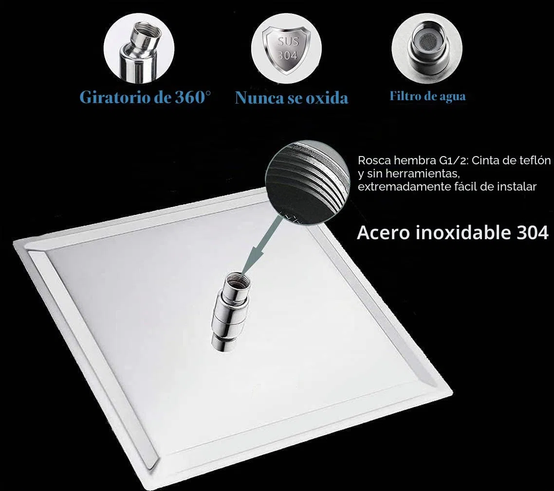 Rociador para Ducha Cuadrado, Alcachofa de Ducha de Acero Inoxidable, cabezal ducha lluvia grande, Plata, 12 Pulgadas, Diámetro de 30 cm