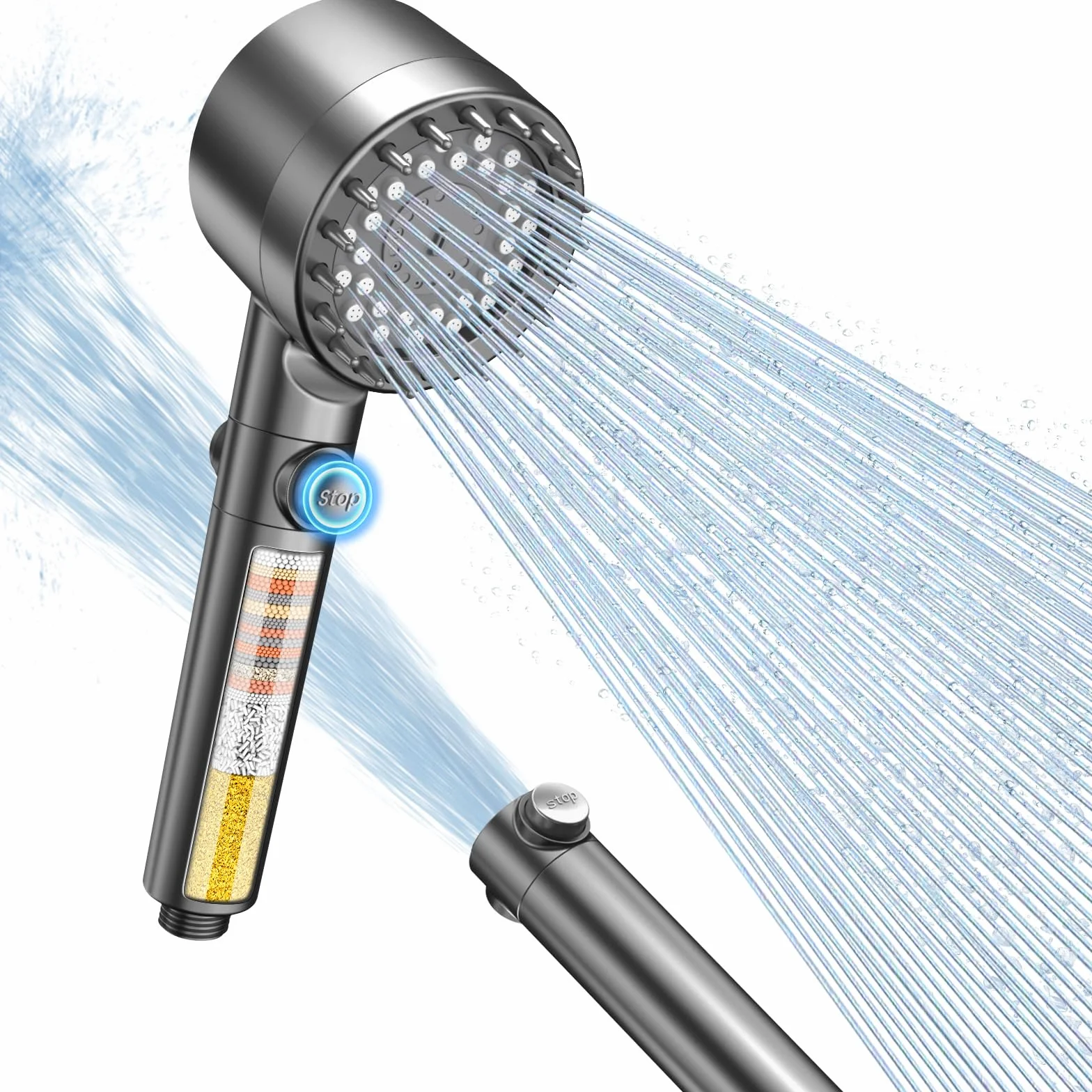 FEELSO Alcachofa de Ducha con Filtro de 15 Pasos, Alcachofa Ducha Alta Presión 4 Modos de Rociado, Cabezal Ducha Antical con Función de Parada, Elimina Cloro Residual y Apta para Agua Dura (Gris)
