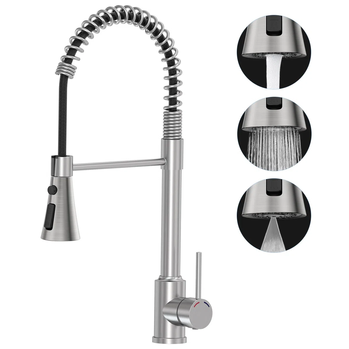 Grifo de Cocina con Ducha Extraíble – Grifo Fregadero de Acero Inoxidable 304, Cabezal de 3 Funciones, Alta Presión, Monomando en Níquel Cepillado