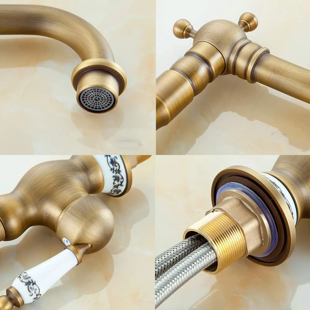 Grifo de Latón Antiguo con caño Giratorio de Cascada para Fregadero, Lavabo, de Cerámica Blanca Manejan Americano De Solo Agujero De Mezclador