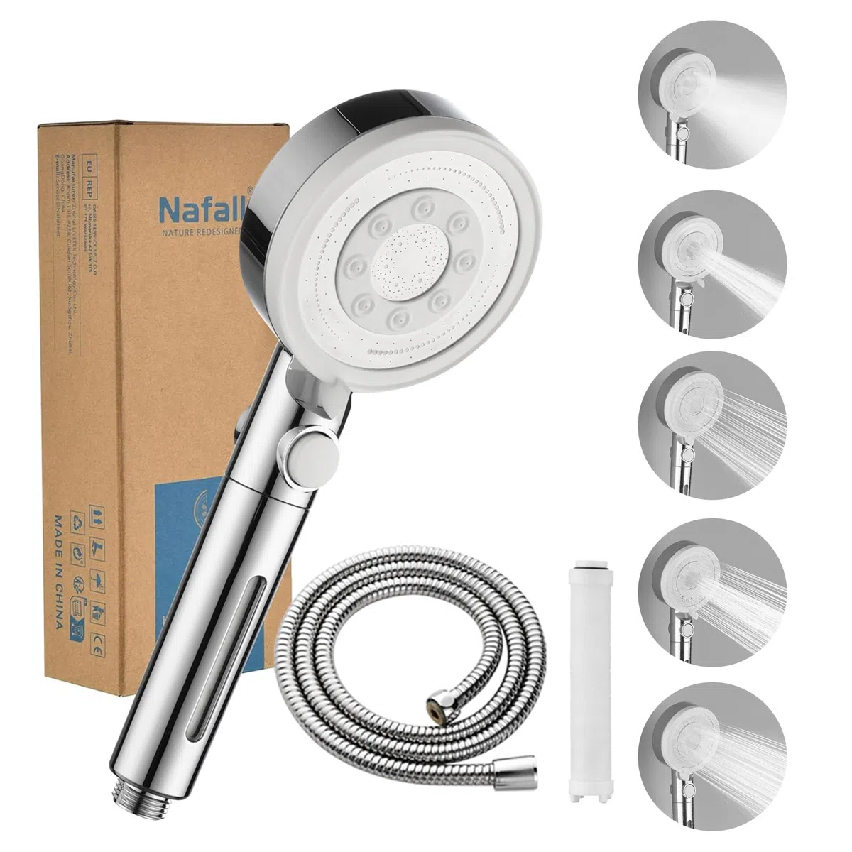 Alcachofa Ducha con Manguera, Alcachofa de Ducha con Filtro Alta PresióN para Ahorrar Agua con 5 Modos, Shower Head with Hose para Zonas con Baja PresióN de Agua, Cromado Blanco