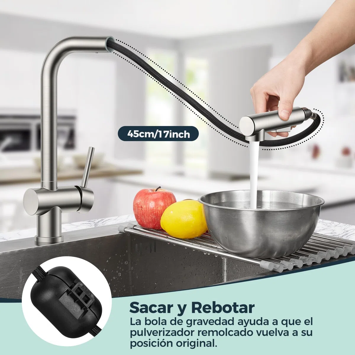 FORIOUS Grifo Cocina, Grifos Cocina Extraible con Giro 360°, Torneira Cozinha Monomand Giratorios de 360° y Rociador de Doble Función, Acero Inoxidable
