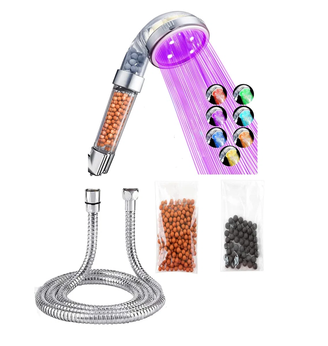Alcachofa de ducha con 7 luces LED que cambian de color, manguera de filtración iónica de 1,5 m, cuentas de cabezal de ducha extra bioactivo, bola mineral bioactiva
