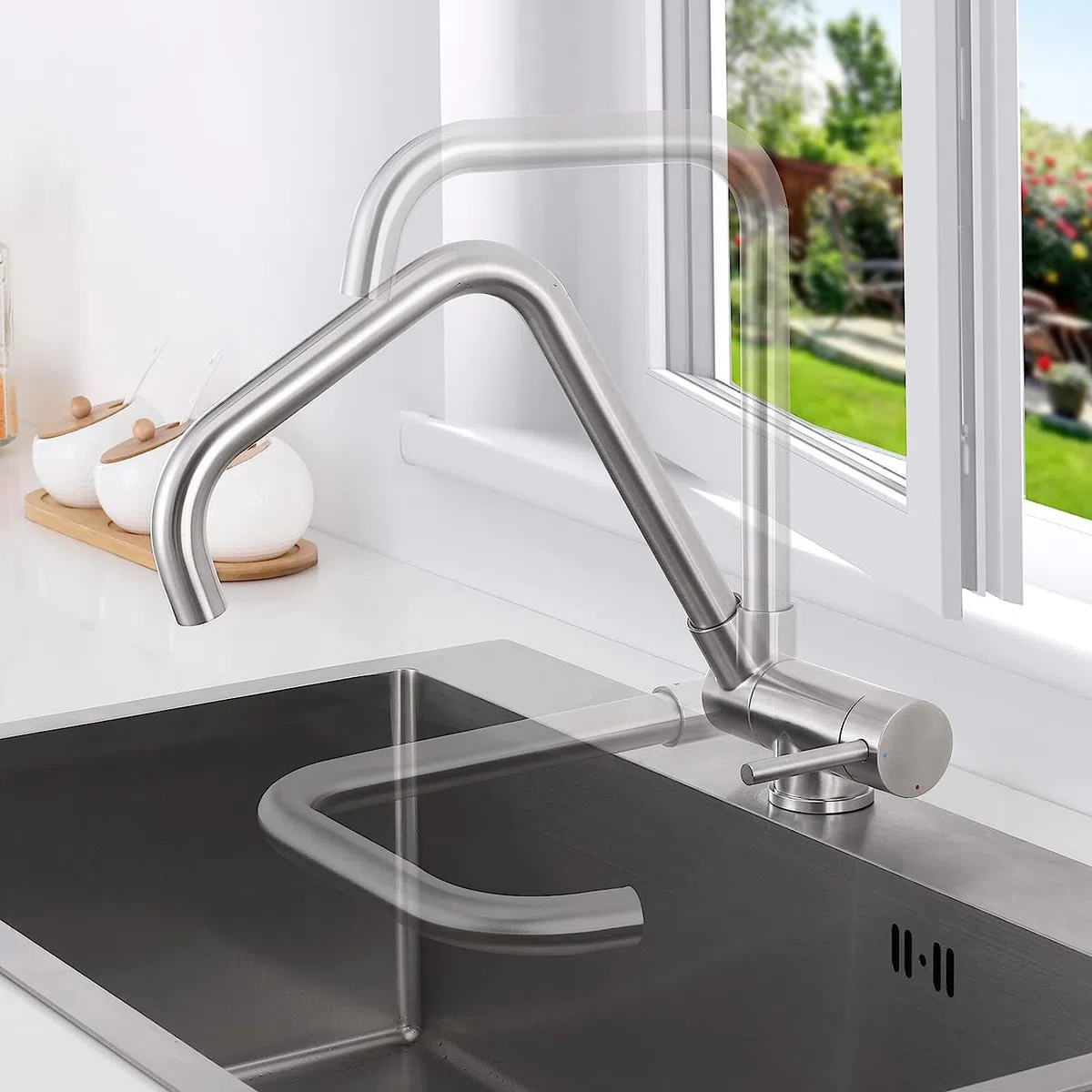 Lonheo Grifo Cocina Abatible, Grifo de Fregadero Plegable Giratorio 360°, grifo cocina bajo ventana de Acero Inoxidable 304, Mezclador Fregadero Agua Fría y Caliente para Cocina