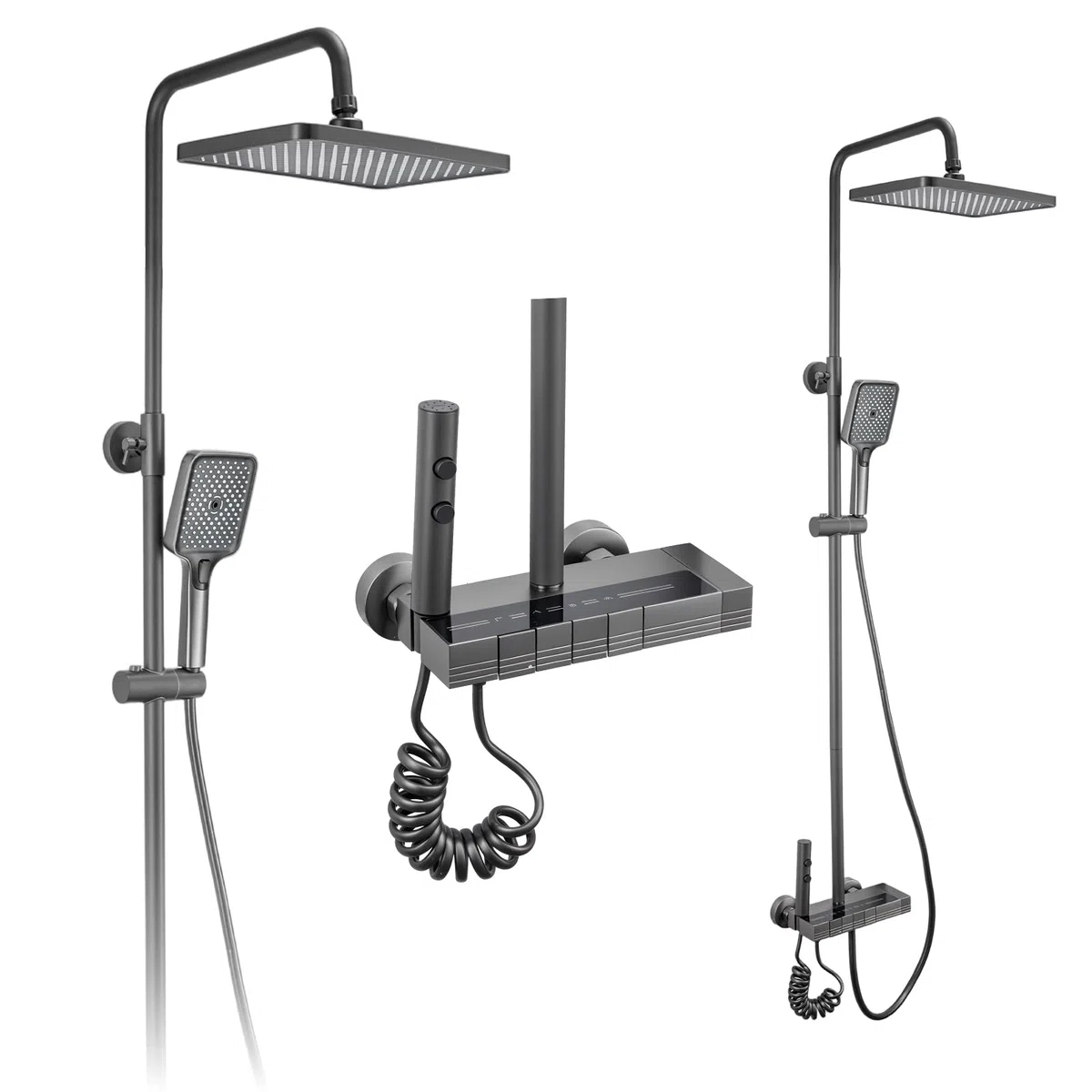 Columna de Ducha Termostática LED Negro Mate Cabezal Lluvia 20x30 cm Alcachofa 3 Modos Pistola Spray 2 Funciones Altura Regulable Giro 360°