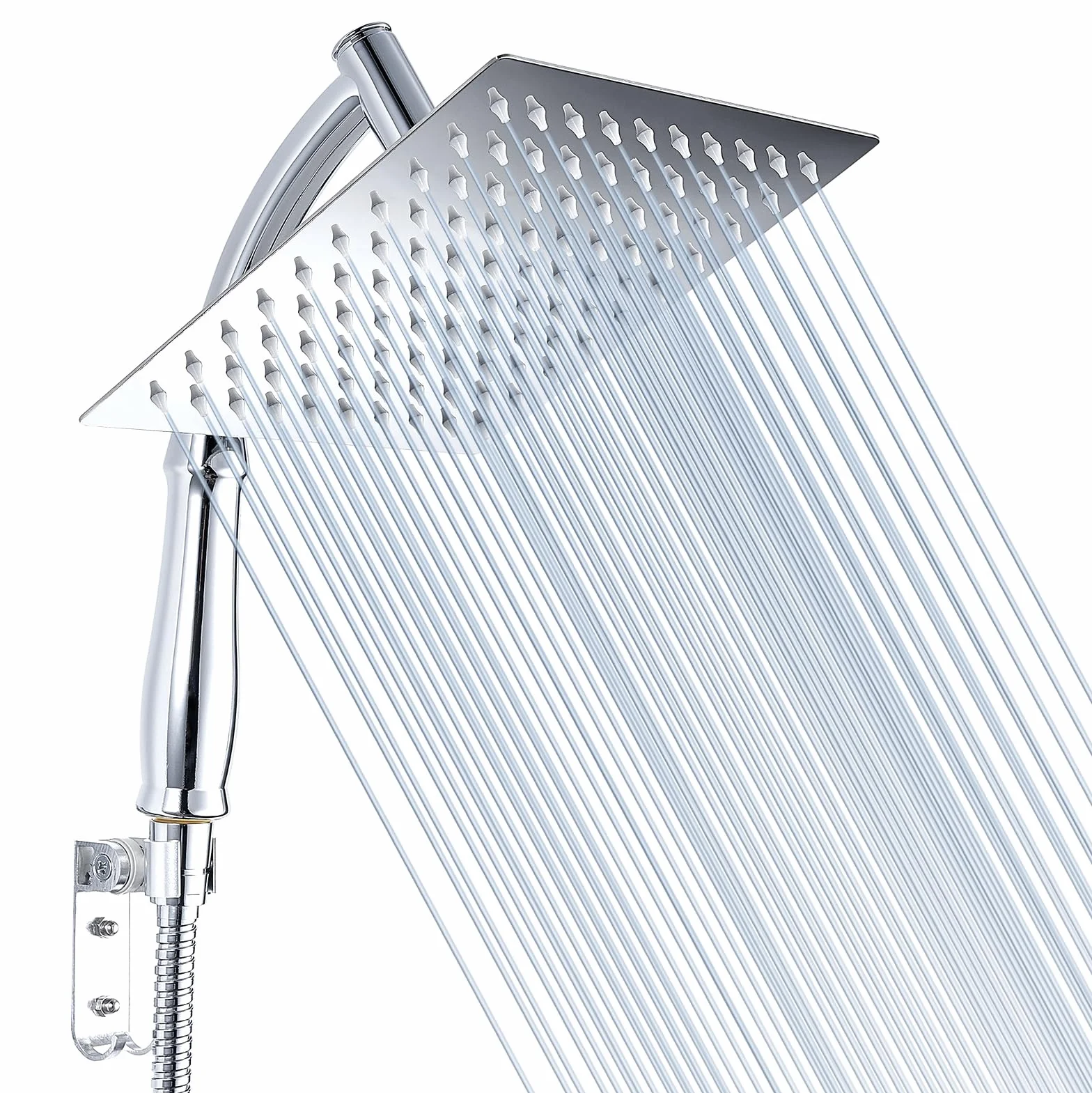 Cabezal de Ducha de Lluvia Voolan con Brazo de Ducha de Mano, Cabezal de Ducha de Cascada Cuadrado de Alta Presión de 20cm con Kits de Soporte, Cromado