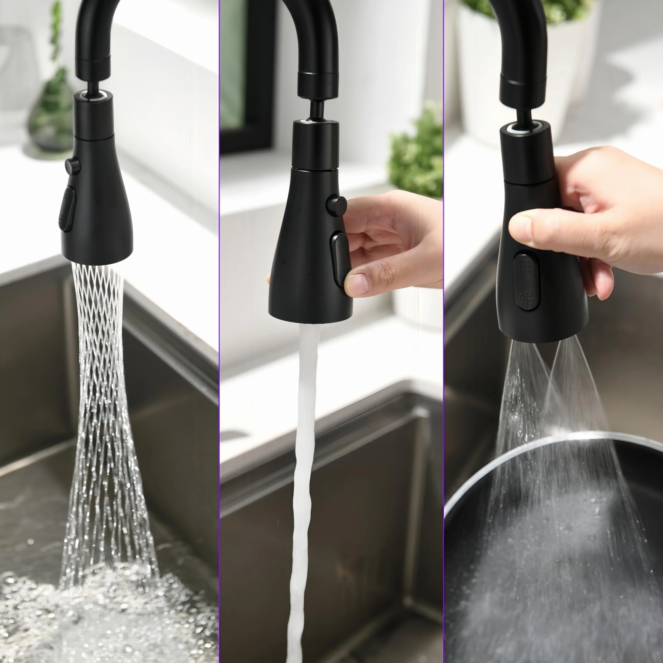 Grifo Cocina Abatible 3 Modos Descarga Agua, Grifo Fregadero Plegable Monomando Acero Inoxidable 304 Negro