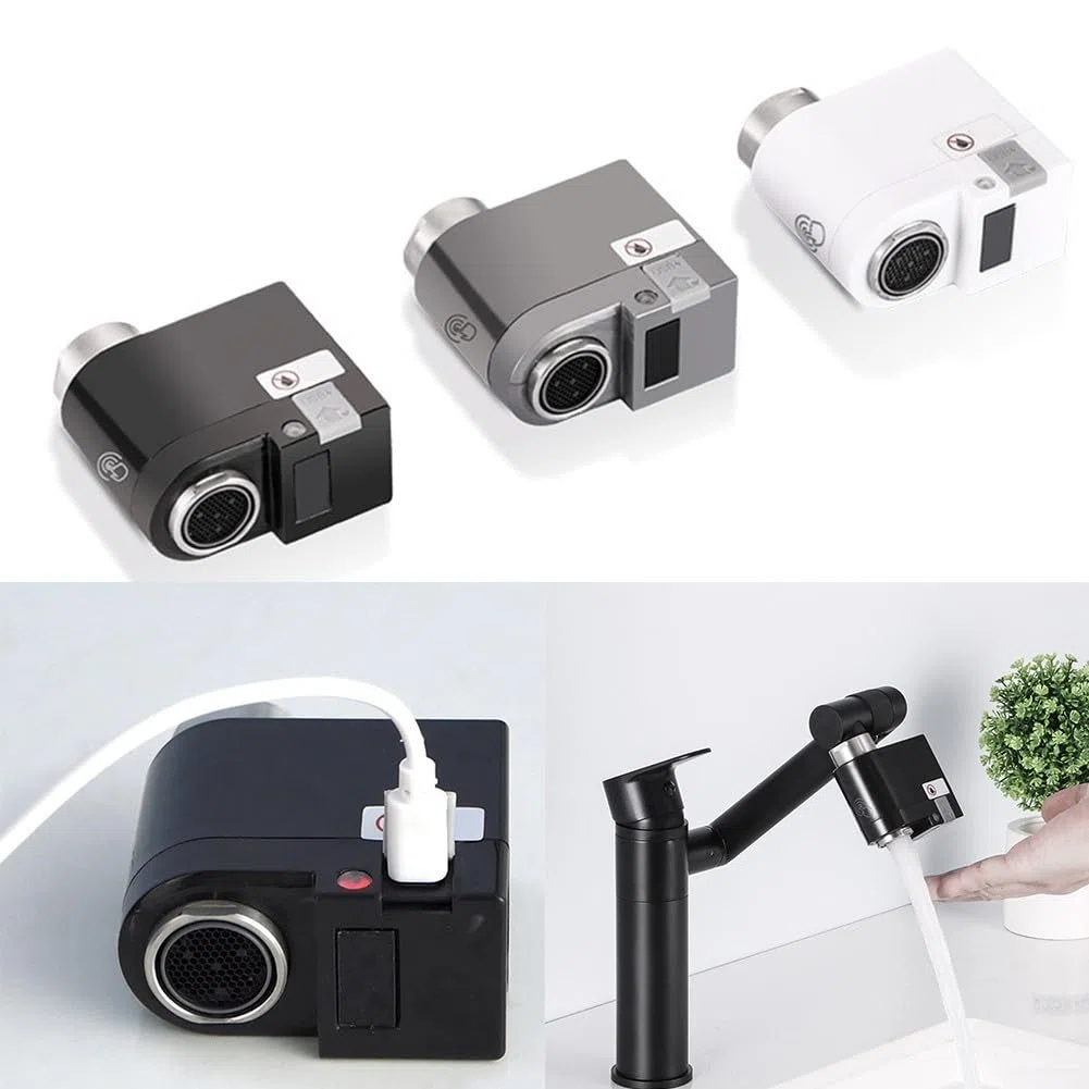 Grifo de sensor inteligente infrarrojo, sin contacto, ahorro de agua por inducción infrarroja, detector de desbordamiento para fregaderos de cocina en el hogar (negro)