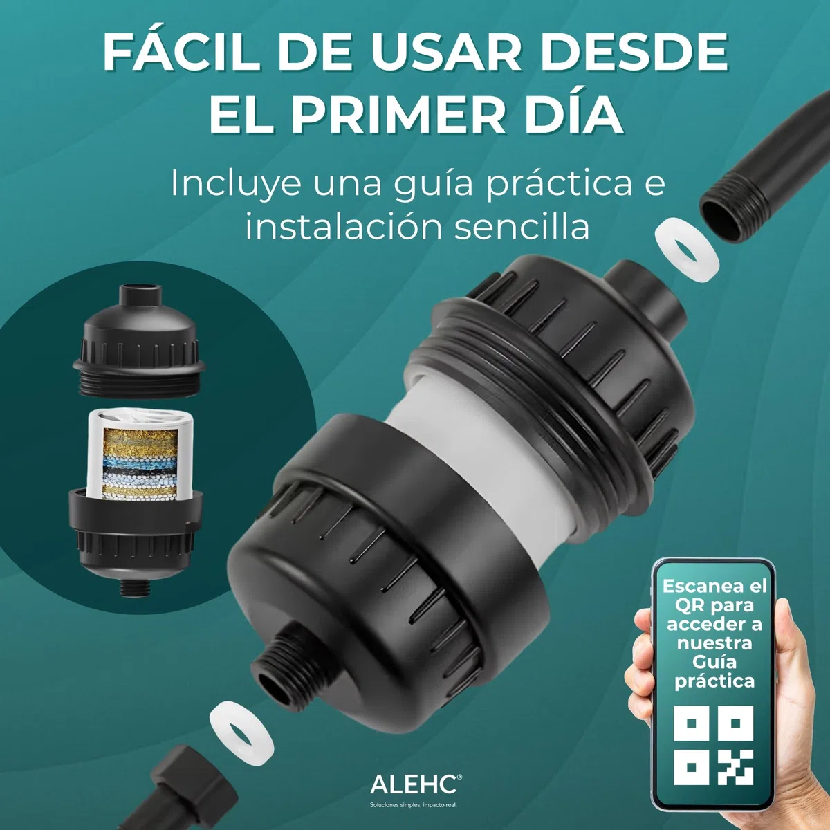 Filtro de Ducha Anticloro Negro Mate para Piel y Cabello, Filtro Agua Ducha para Agua Dura, Reduce Cloro y Cal, Agua Más Suave, Incluye Tiras Test Orientativas, Cartucho de Repuesto