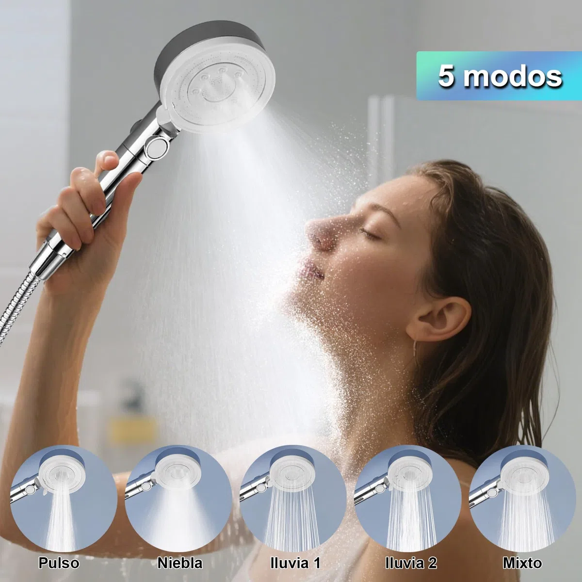 Alcachofa Ducha con Manguera, Alcachofa de Ducha con Filtro Alta PresióN para Ahorrar Agua con 5 Modos, Shower Head with Hose para Zonas con Baja PresióN de Agua, Cromado Blanco