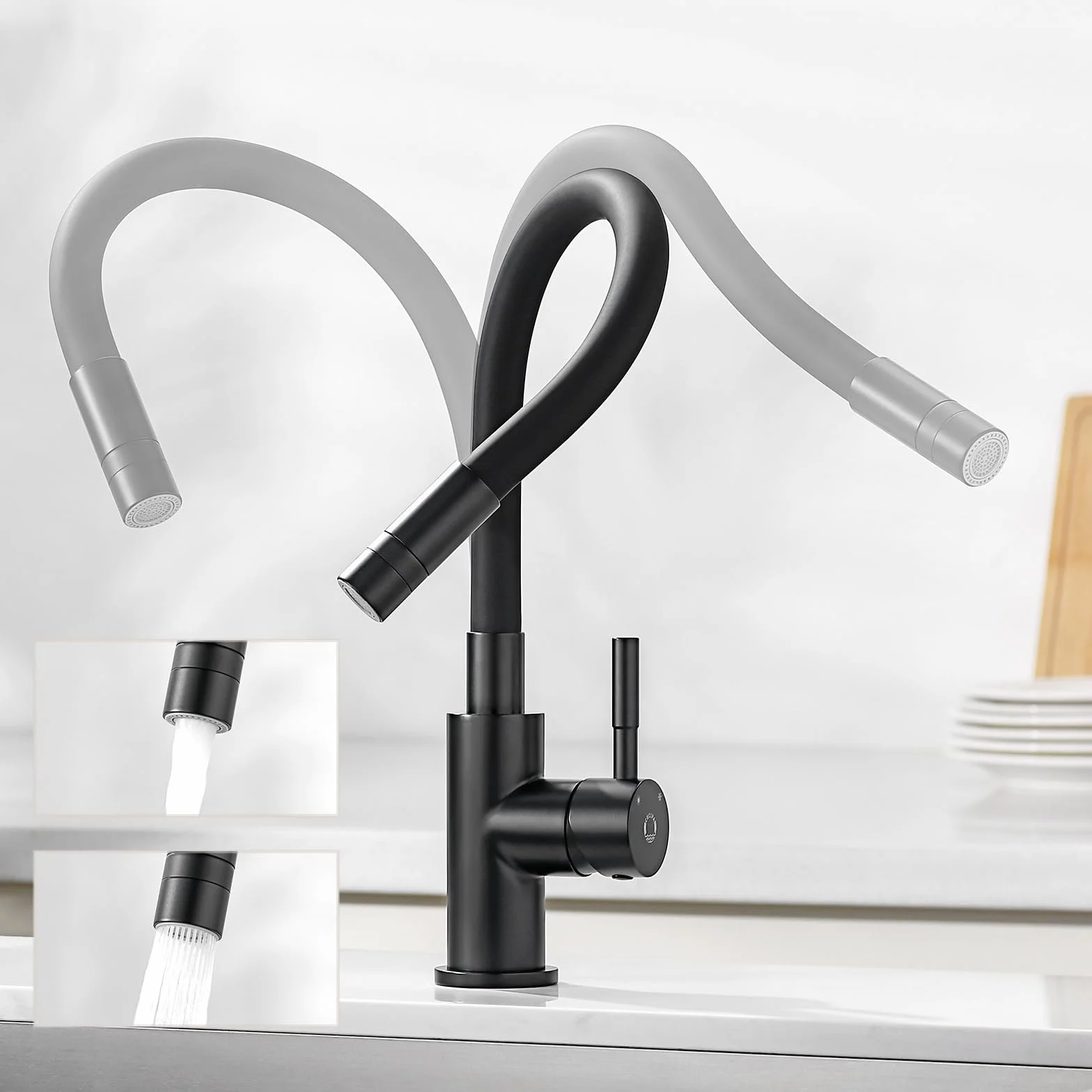 CECIPA Grifo Cocina Flexible Con 2 Chorros de Agua, Abatible, Negro Mate, Fregadero Giratorio a 360º, Para Agua Caliente Y Fría