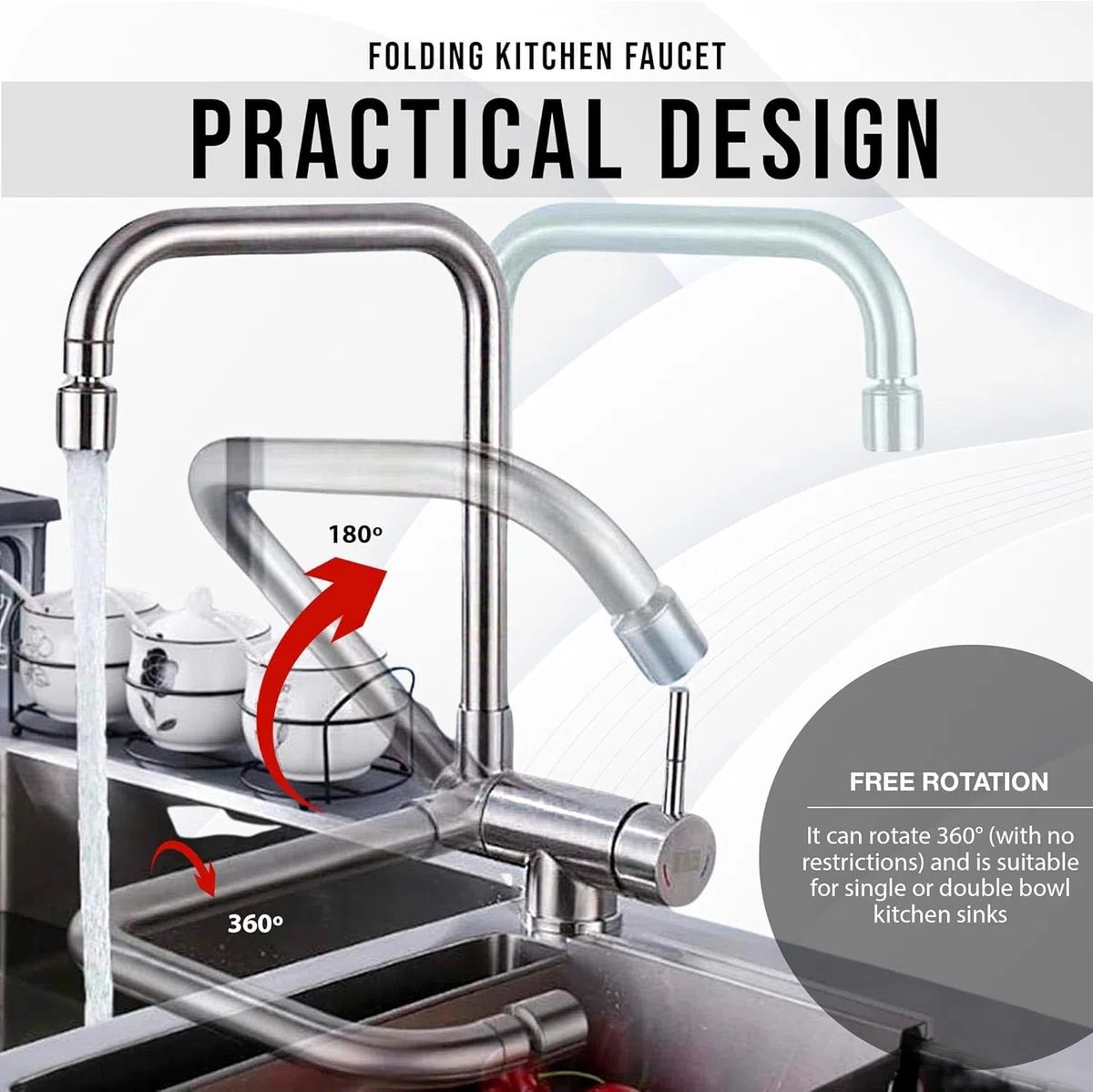 Grifo Cocina Abatible con 2 Funciones de Chorro y Rotacion 360º. Grifo Fregadero Abatible.