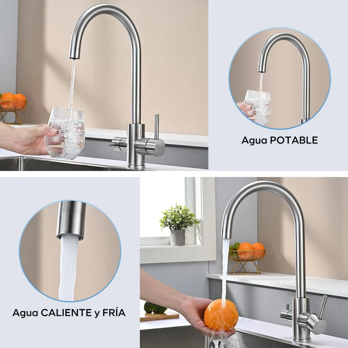 Grifo para Fregadero de Cocina de 3 Vías, DETBOM Mezclador para Sistemas de Ósmosis Inversa, 3 en 1 con Doble Palanca para Agua Potable, Grifo Giratorio a 360°, Acero Inoxidable, Plata Cepillada