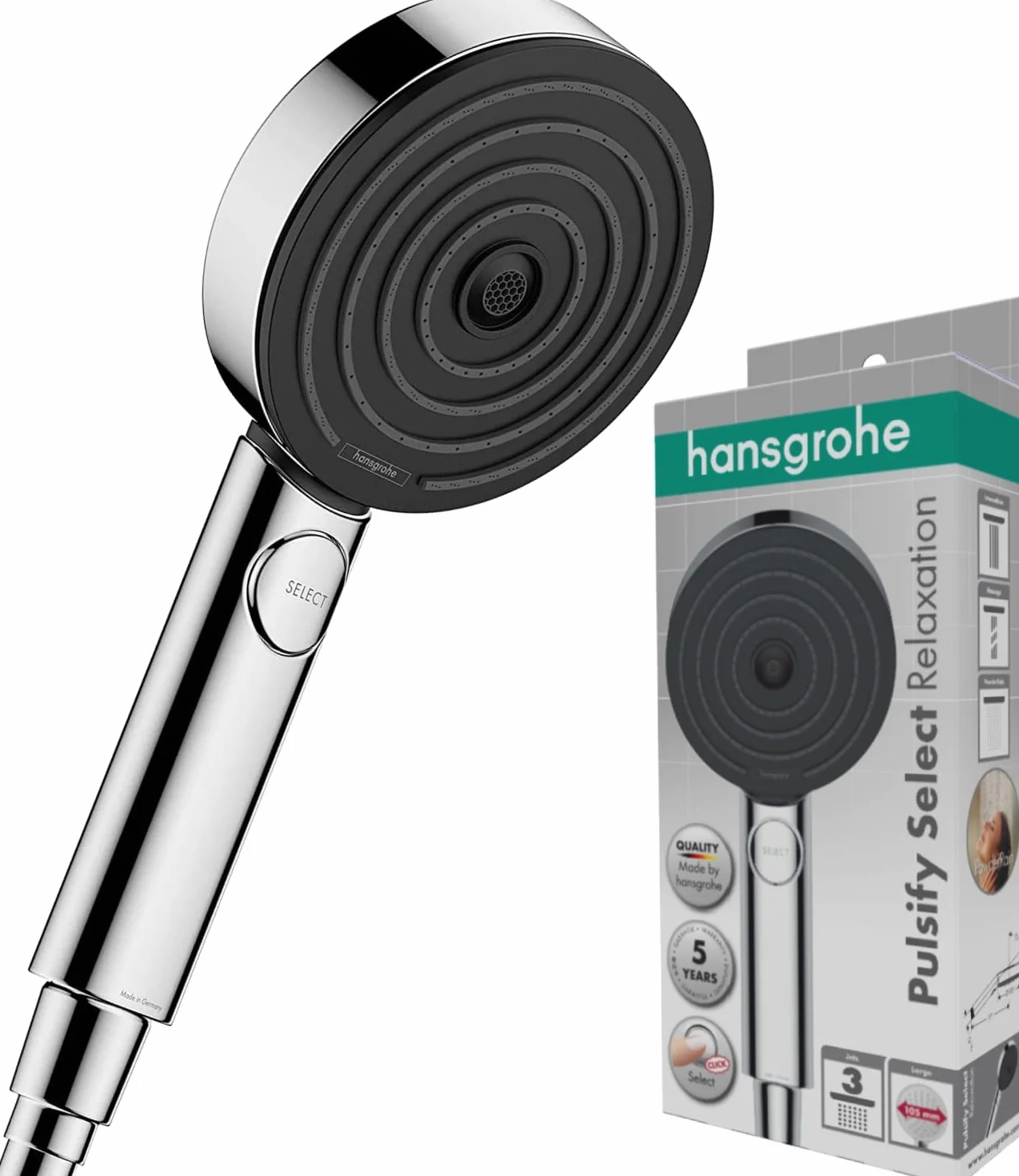 hansgrohe Pulsify Select S - ducha de mano, alcachofa de ducha con 3 tipos de chorro (versión Relaxation), cabezal de ducha redondo (⌀ 105 mm), con sistema antical, cromo, 24110000