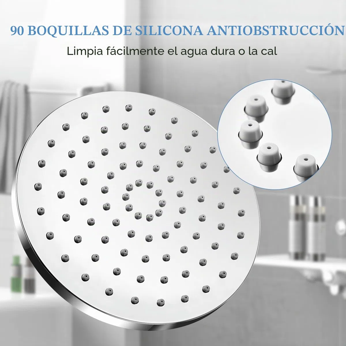 Alcachofa de ducha redonda de 20cm con efecto lluvia, ajustable, ahorro de agua con boquillas antical, cabezal de ducha de cascada de acero inoxidable, diámetro de 20 cm, Plata