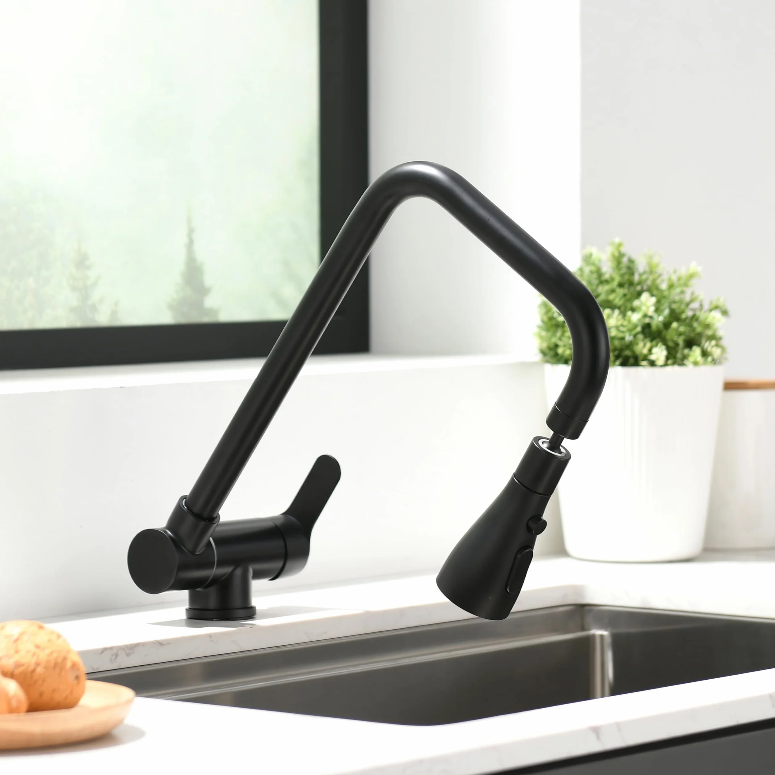 Grifo Cocina Abatible 3 Modos Descarga Agua, Grifo Fregadero Plegable Monomando Acero Inoxidable 304 Negro