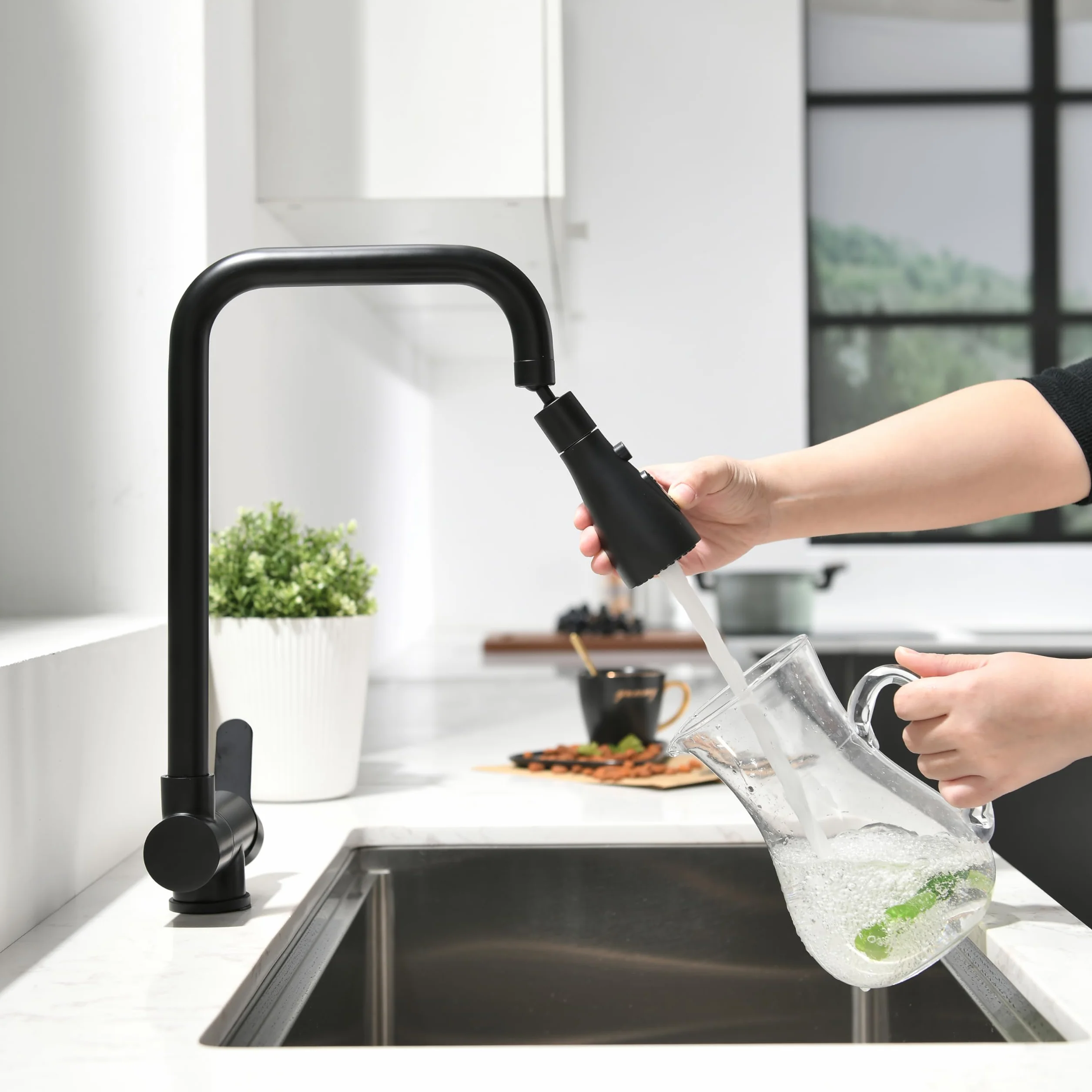 Grifo Cocina Abatible 3 Modos Descarga Agua, Grifo Fregadero Plegable Monomando Acero Inoxidable 304 Negro