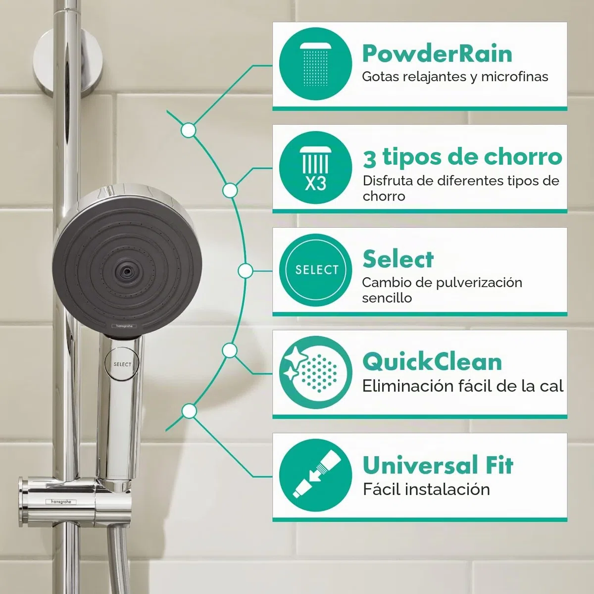 hansgrohe Pulsify Select S - ducha de mano, alcachofa de ducha con 3 tipos de chorro (versión Relaxation), cabezal de ducha redondo (⌀ 105 mm), con sistema antical, cromo, 24110000