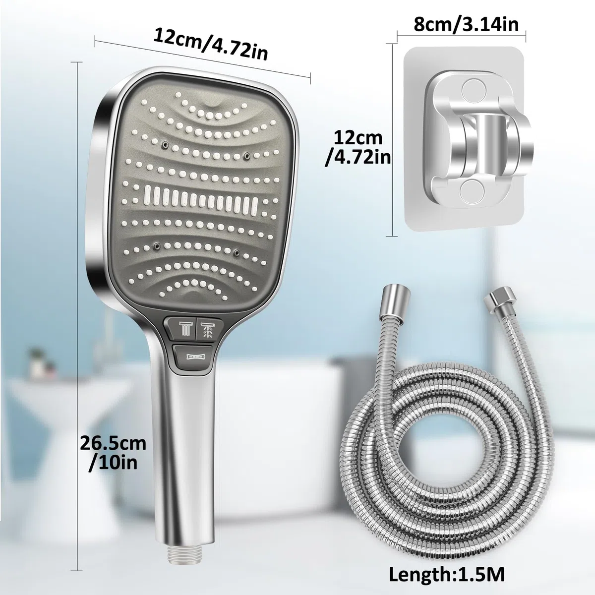 HNOOM Kit de Ducha Completo - Alcachofa de Ducha Alta Presión 120mm + Manguera Ducha 1.5m + Soporte Sin Taladro, 8 Modos, Ahorro de Agua, Antical, Universal para Baño y Limpieza（Plateado）