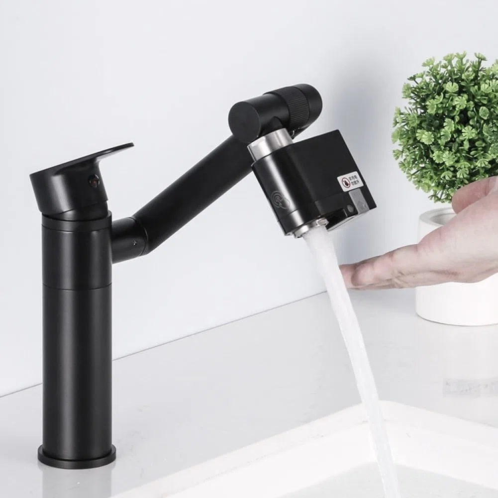 Grifo de sensor inteligente infrarrojo, sin contacto, ahorro de agua por inducción infrarroja, detector de desbordamiento para fregaderos de cocina en el hogar (negro)