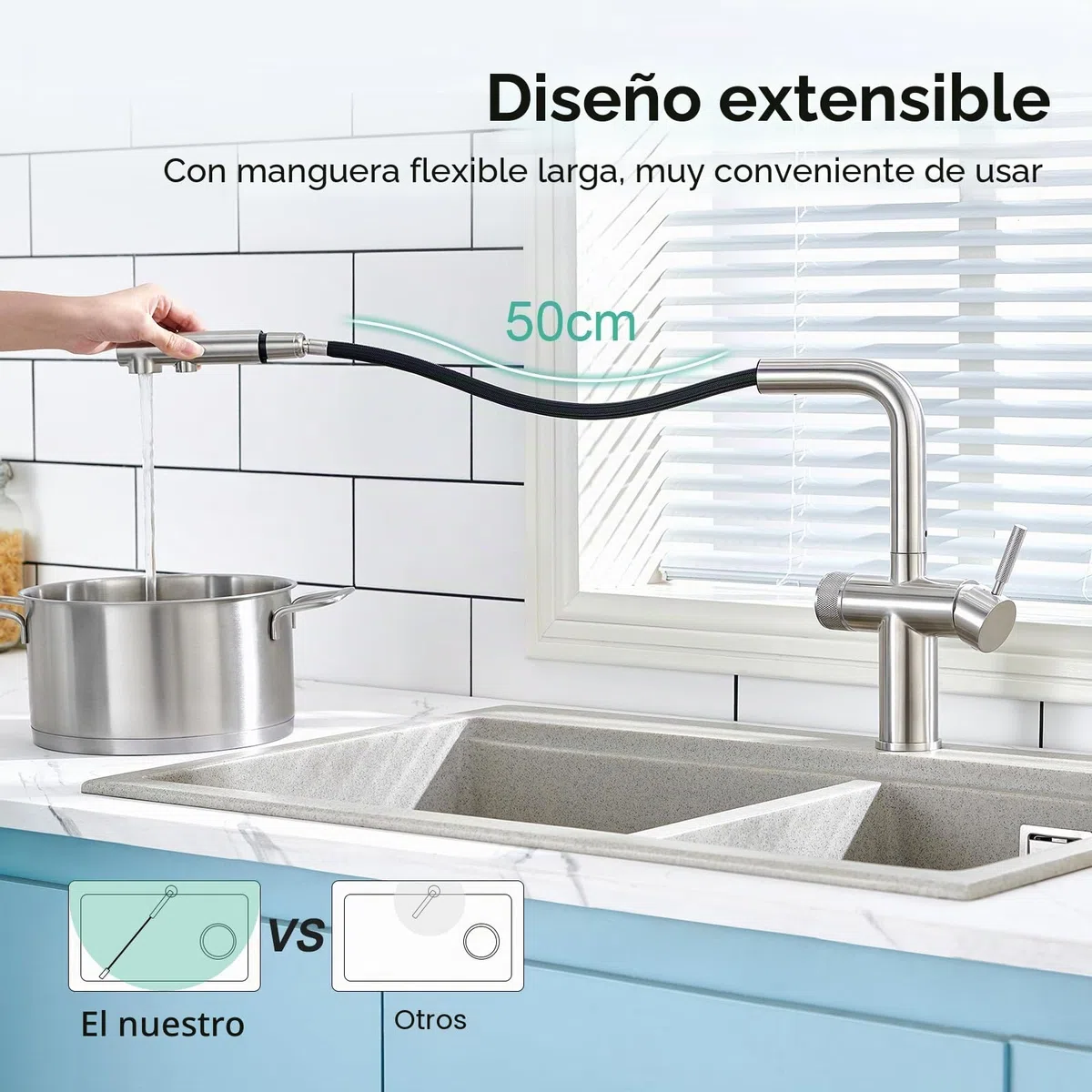 Faustina Grifo de cocina de 3 vías con ducha extensible acero inoxidable