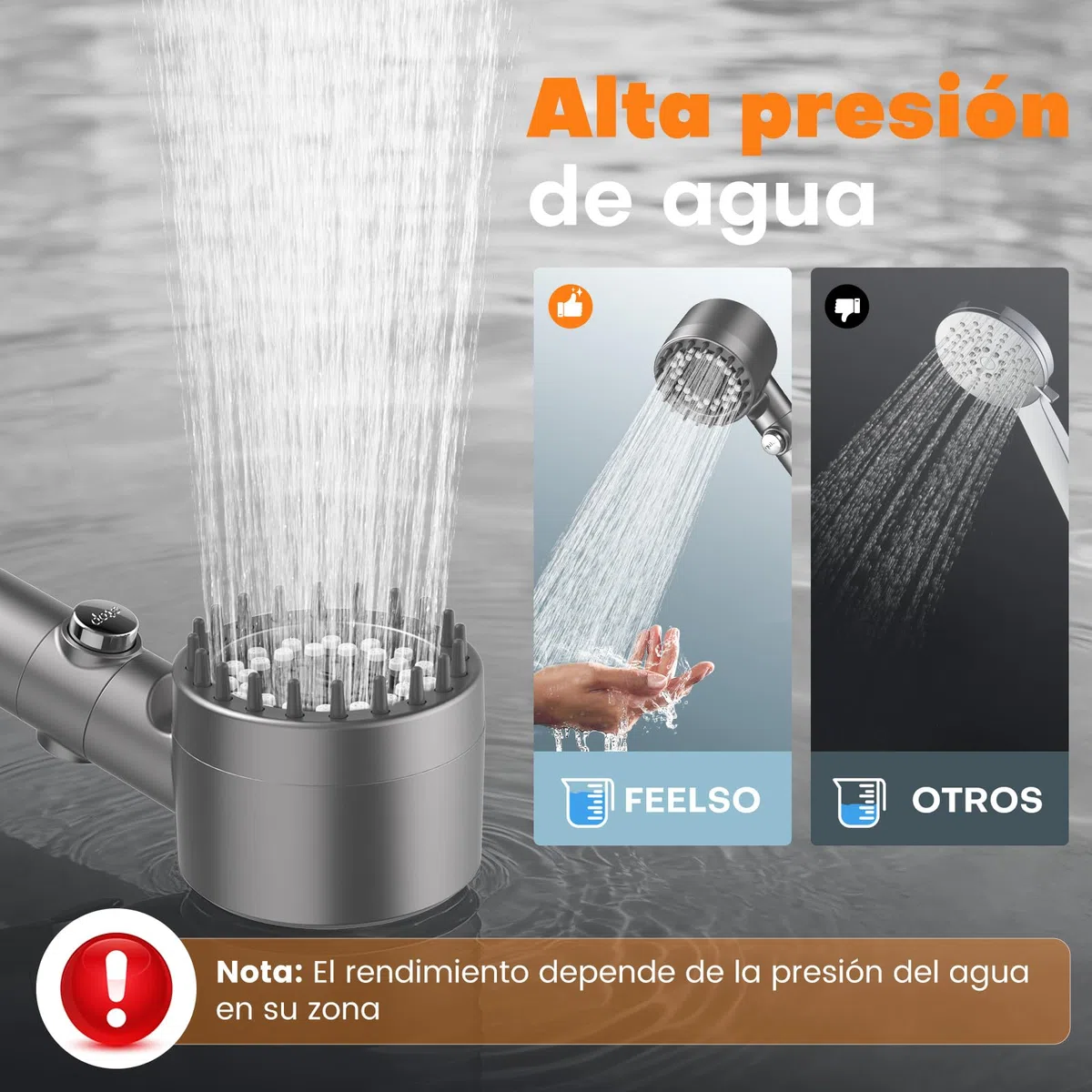 FEELSO Alcachofa de Ducha con Filtro de 15 Pasos, Alcachofa Ducha Alta Presión 4 Modos de Rociado, Cabezal Ducha Antical con Función de Parada, Elimina Cloro Residual y Apta para Agua Dura (Gris)
