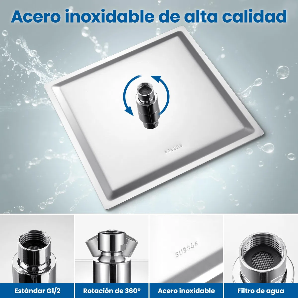 Alcachofa de Ducha Grande Anticalcáreo y Alta Presión - Cuadrado 10 Pulgadas con Boquillas de Silicona Autolimpiantes - Ducha de Lluvia en Acero Inoxidable, Fija a Pared para Baño Moderno - Cromado
