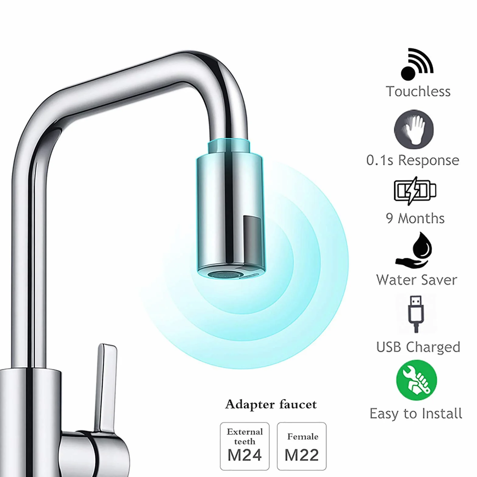 Grifo automático con sensor, cargador USB, grifo inteligente, sin contacto, ahorro de agua, adaptador de grifo adecuado M22 M24