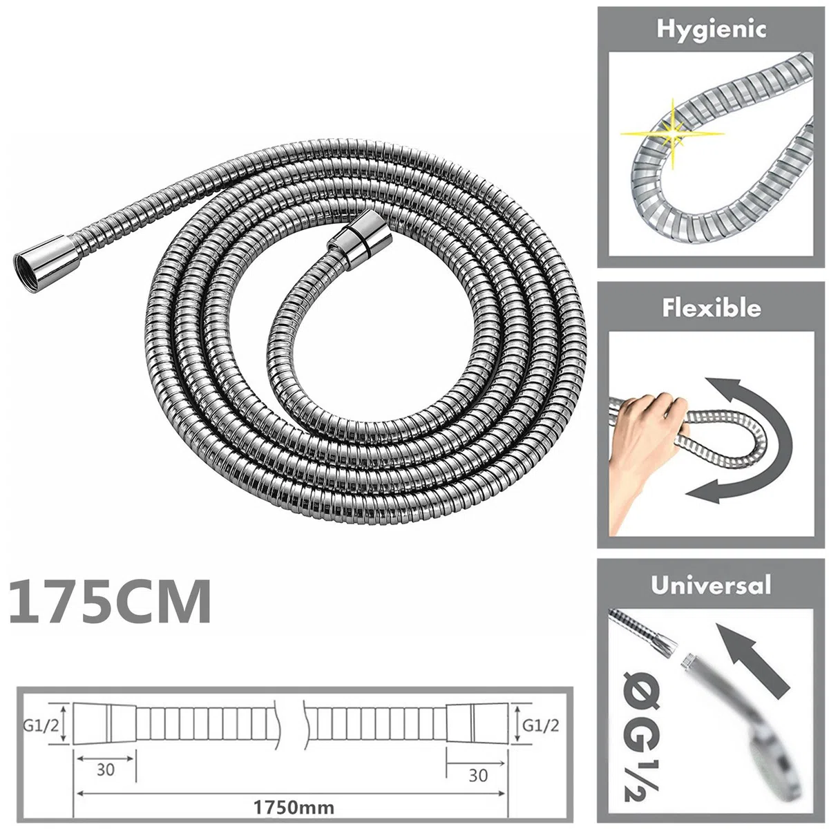 Alcachofa de ducha redonda de acero inoxidable de 20,3 cm con soporte en la pared de IceMoon, brazo de ducha, manguera doble de acero inoxidable de 1,75 m, cinta de teflón incluida, acabado cromado