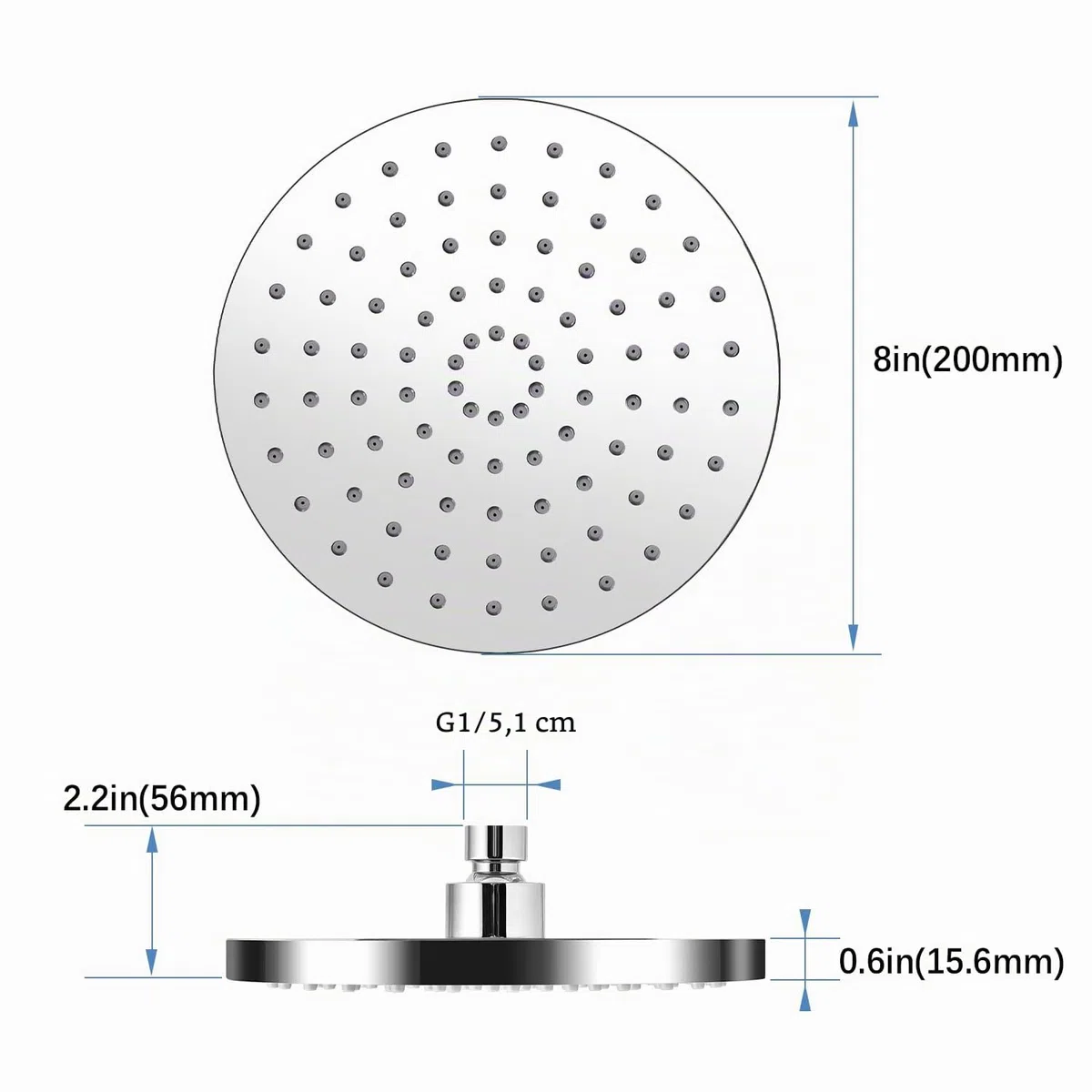 Alcachofa de ducha redonda de 20cm con efecto lluvia, ajustable, ahorro de agua con boquillas antical, cabezal de ducha de cascada de acero inoxidable, diámetro de 20 cm, Plata