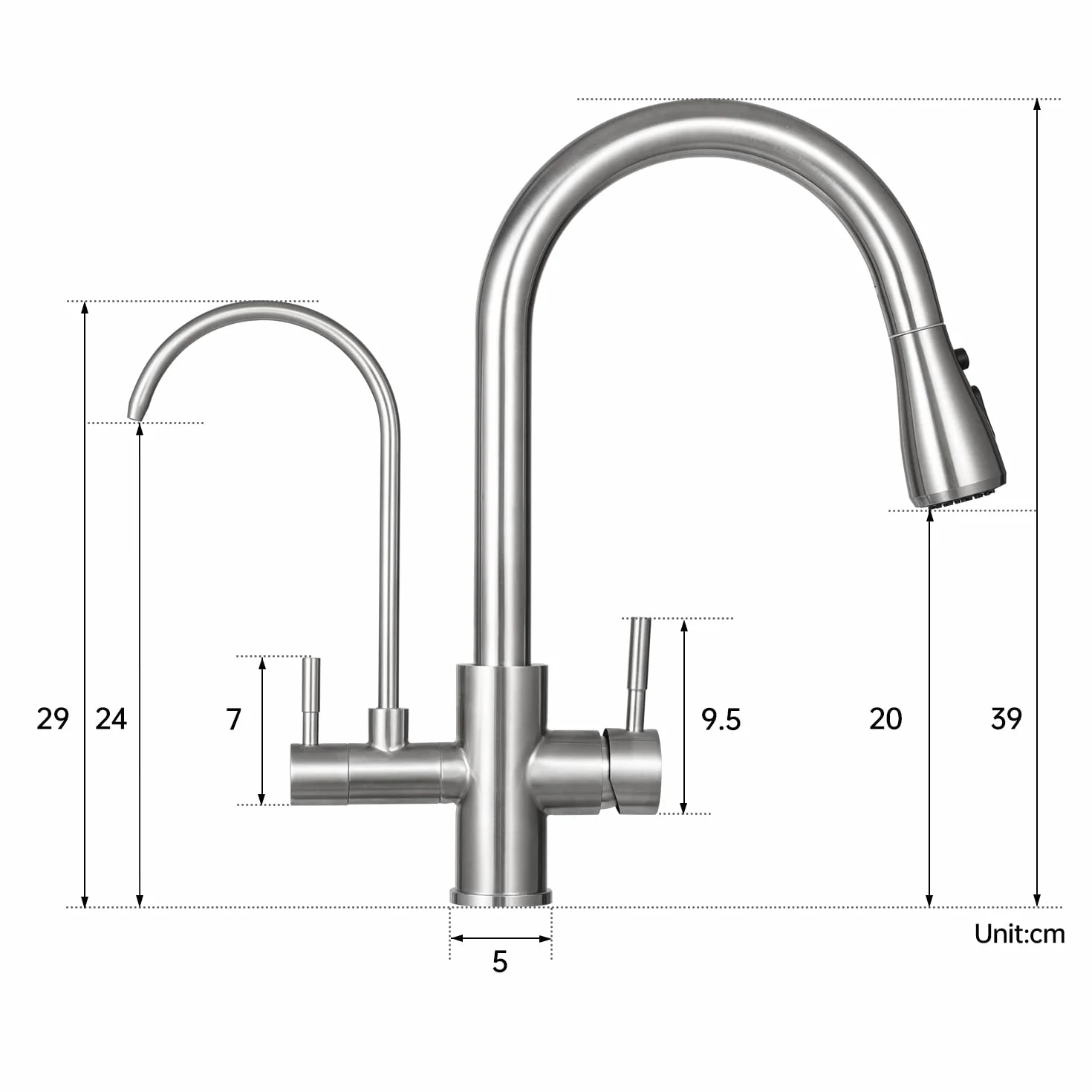 Grifo Osmosis 3 Vias, Grifo Fregadero Cocina con Alcachofa Extraíble, Giratorio 360°, Dos Asas & Filtro, Acero Inoxidable