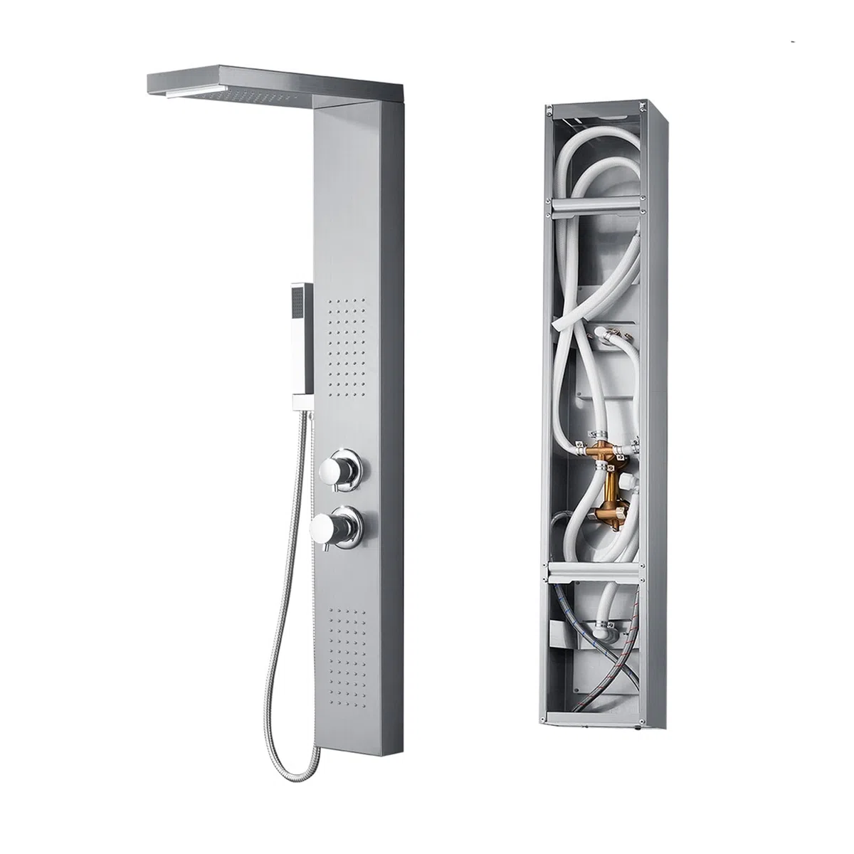 YUENFONG Panel de Ducha de Acero Inoxidable - Columna con Alcachofa de Mano, Efecto Lluvia, Masaje y Cascada Plateado
