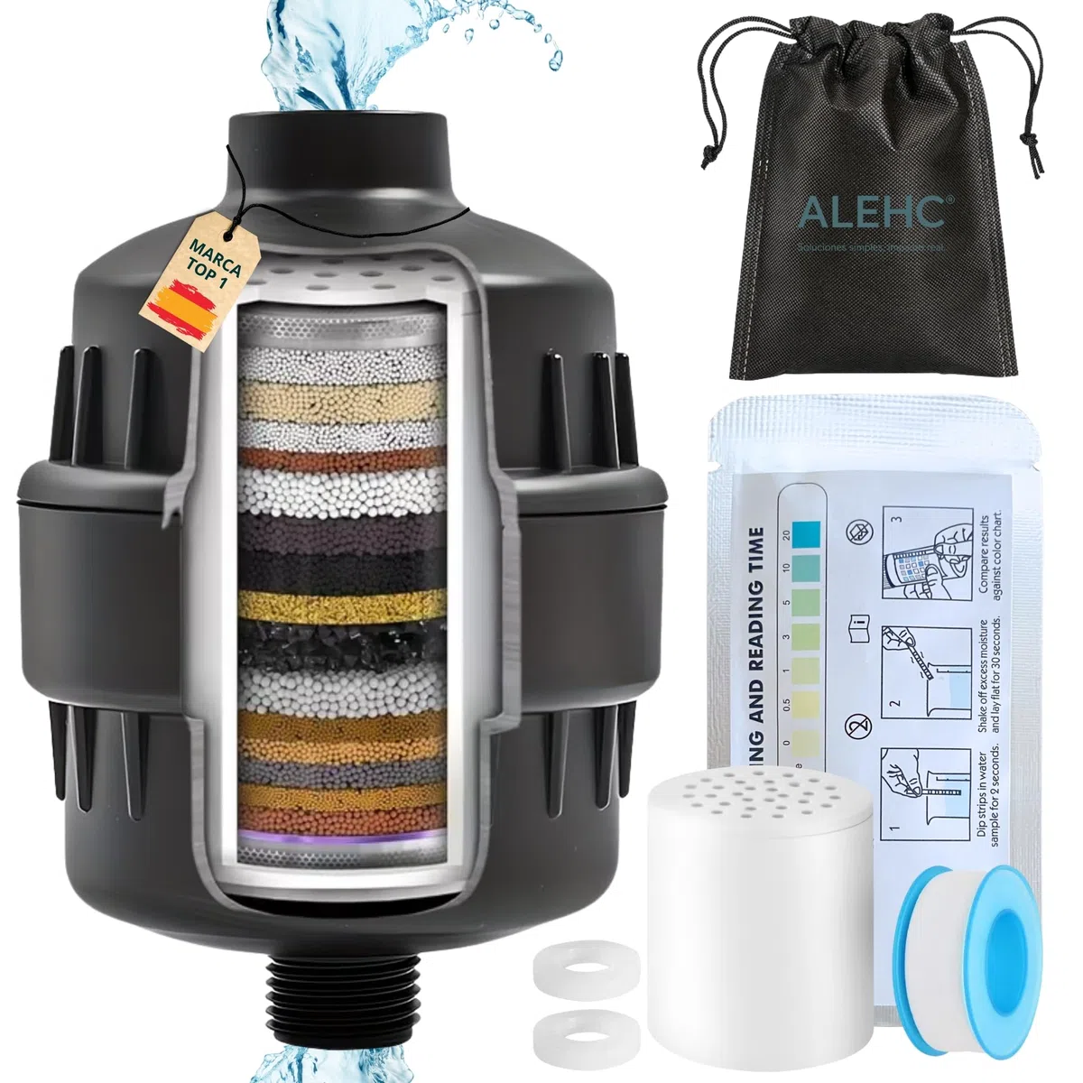 Filtro de Ducha Anticloro Negro Mate para Piel y Cabello, Filtro Agua Ducha para Agua Dura, Reduce Cloro y Cal, Agua Más Suave, Incluye Tiras Test Orientativas, Cartucho de Repuesto