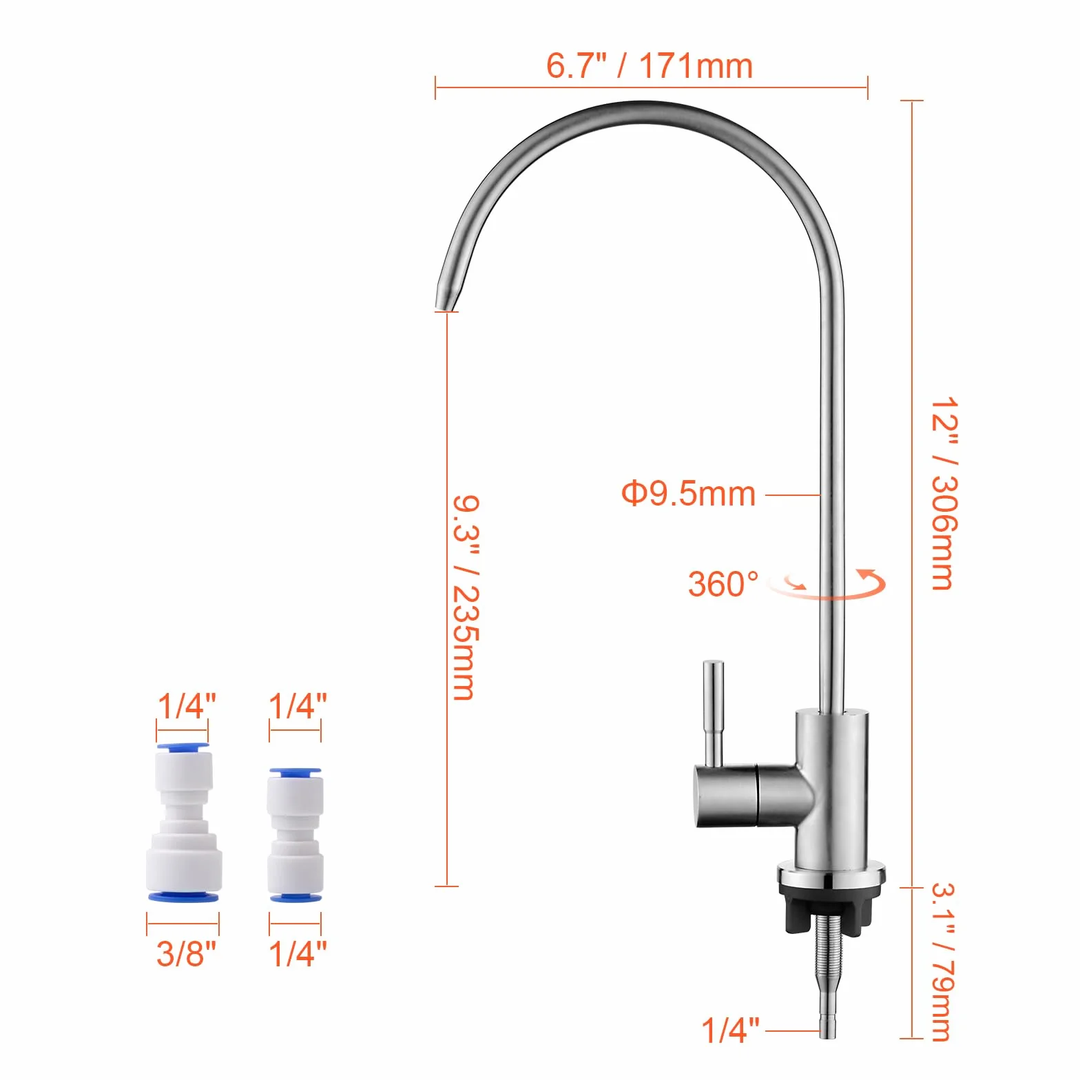 Ibergrif, M22301A, Grifo de Osmosis Inversa, Grifo de Cocina Agua Potable, Acero Inoxidable, Giratorio 360 grados, Grifo de Osmosis Inversa con Adaptador de 2, Grifos, Plata