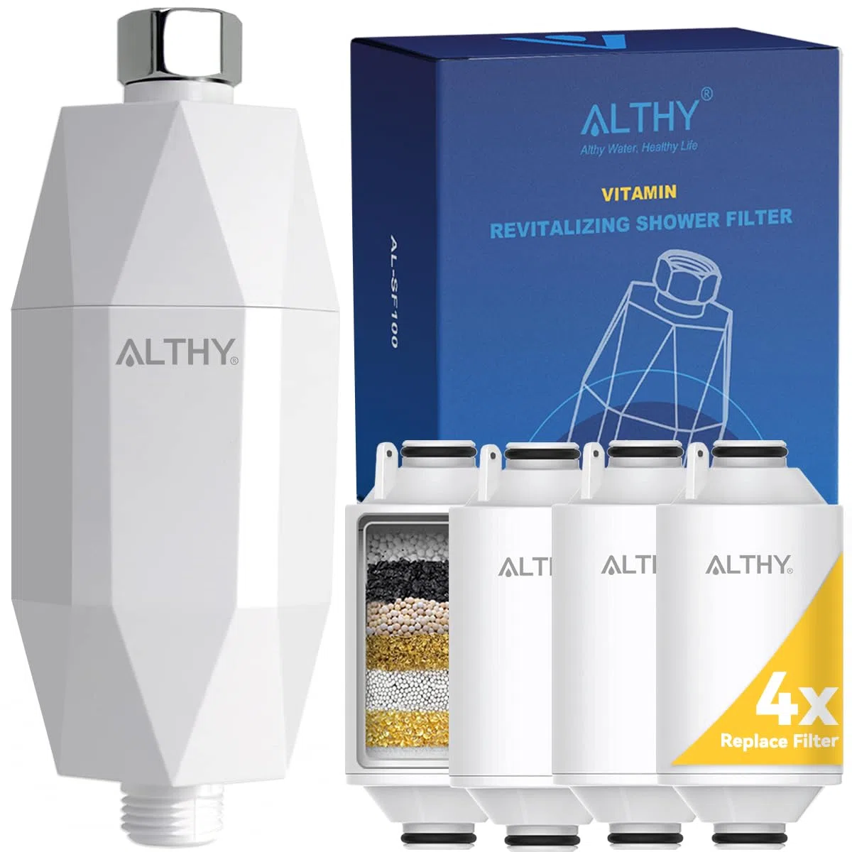 ALTHY Filtro de ducha de con vitamina C para agua dura - Filtro de cabezal de ducha, Reduce el cloro y el metal pesado, mejora la piel seca, la caspa del cabello, el eccema (4 Filtro Incluido)