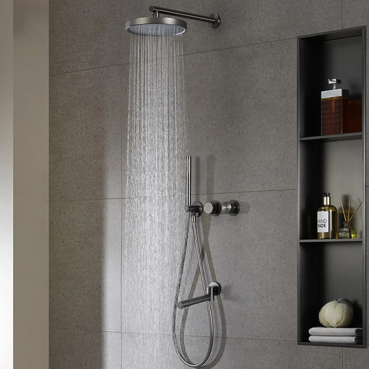 Drenky Negro Brazo de Ducha de 40 cm Redondo con Brida, Cabezales Montados en Pared Simple para Cabezal de Ducha Fijo y Extensible