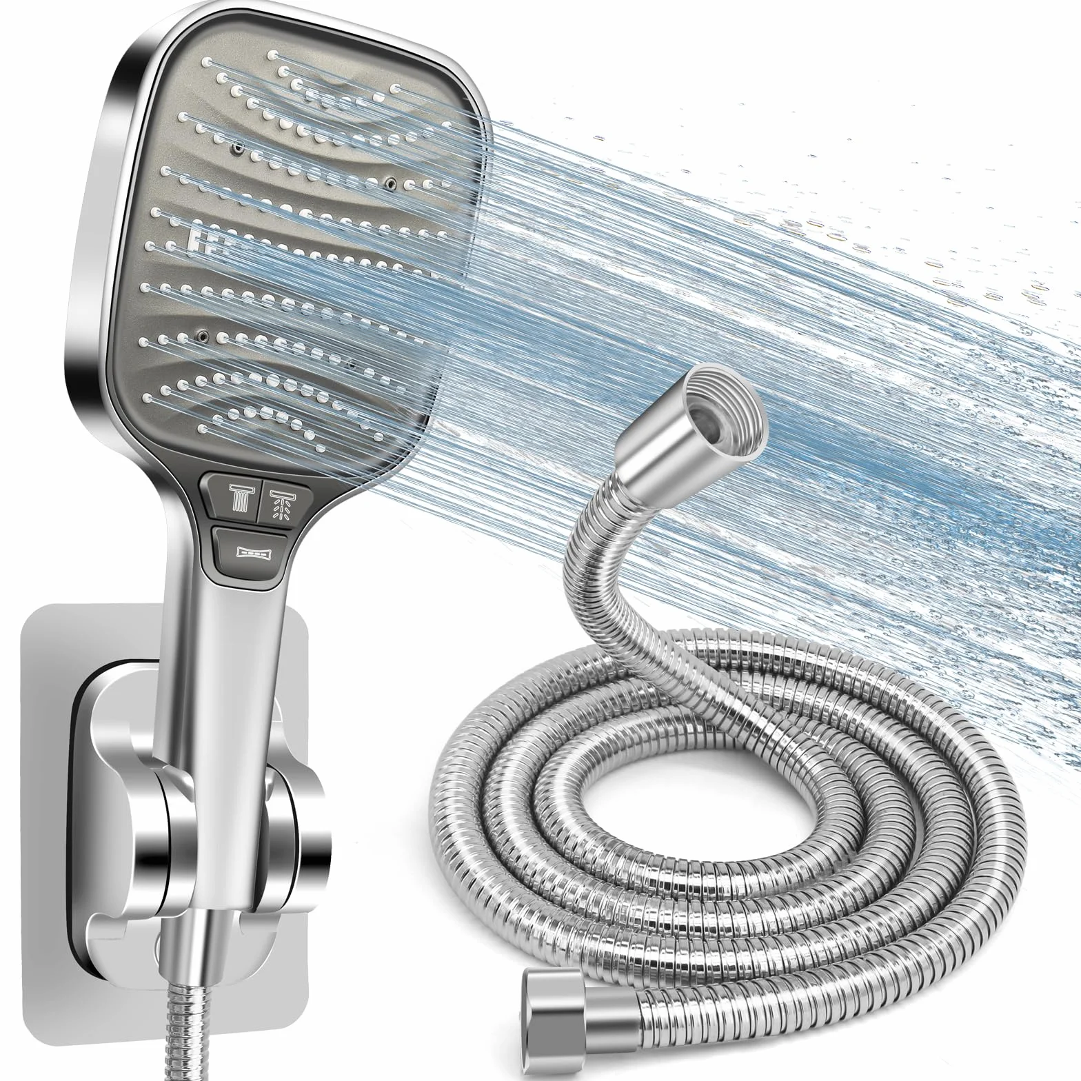 HNOOM Kit de Ducha Completo - Alcachofa de Ducha Alta Presión 120mm + Manguera Ducha 1.5m + Soporte Sin Taladro, 8 Modos, Ahorro de Agua, Antical, Universal para Baño y Limpieza（Plateado）