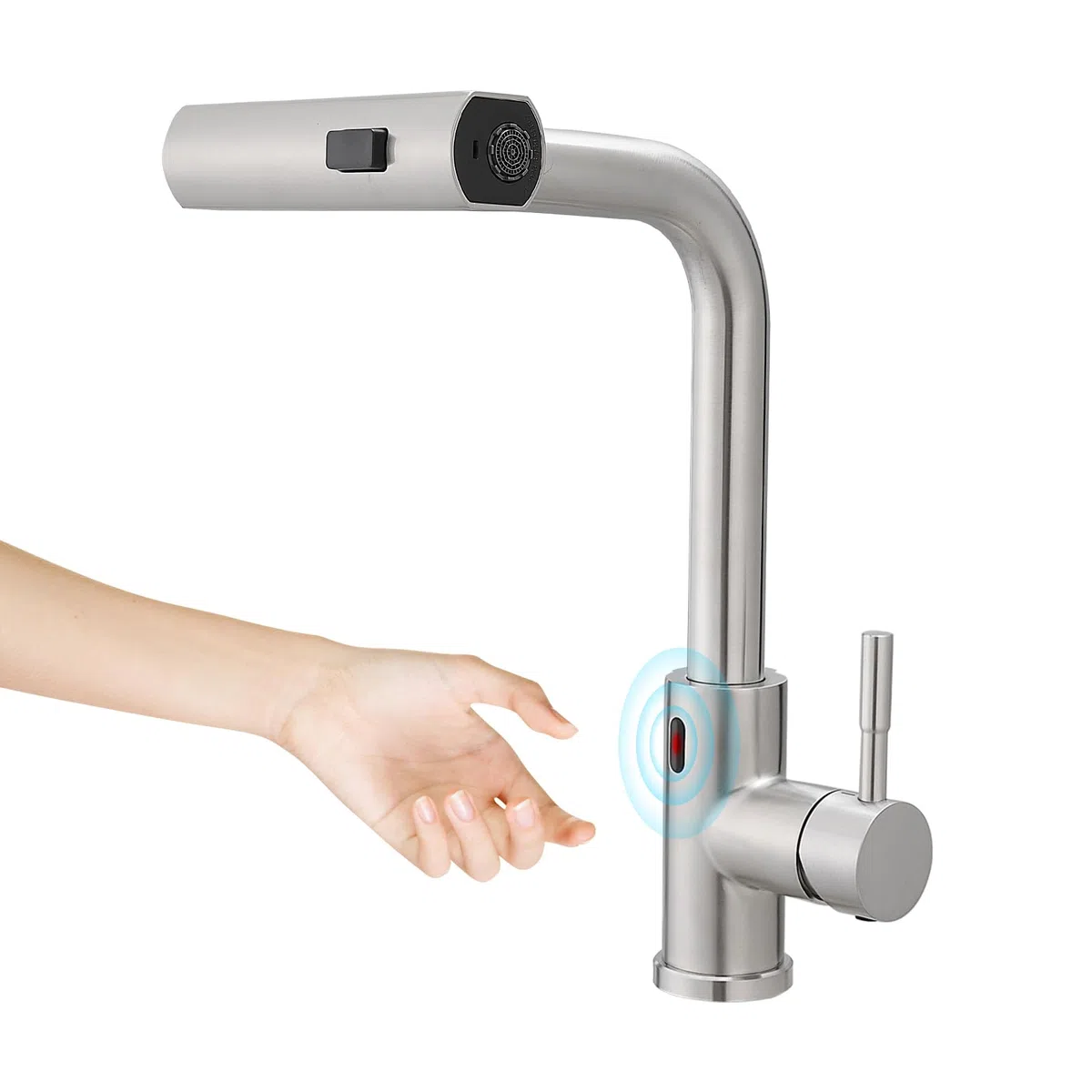 CENOSA Grifo de cocina sin contacto con sensor de movimiento, manos libres, rociador extraíble, níquel