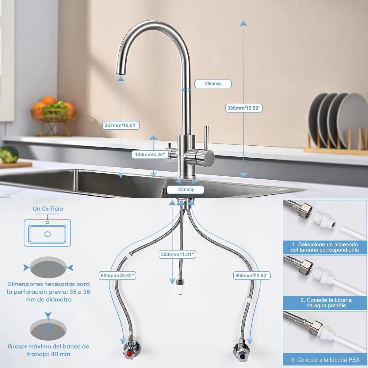 Grifo para Fregadero de Cocina de 3 Vías, DETBOM Mezclador para Sistemas de Ósmosis Inversa, 3 en 1 con Doble Palanca para Agua Potable, Grifo Giratorio a 360°, Acero Inoxidable, Plata Cepillada